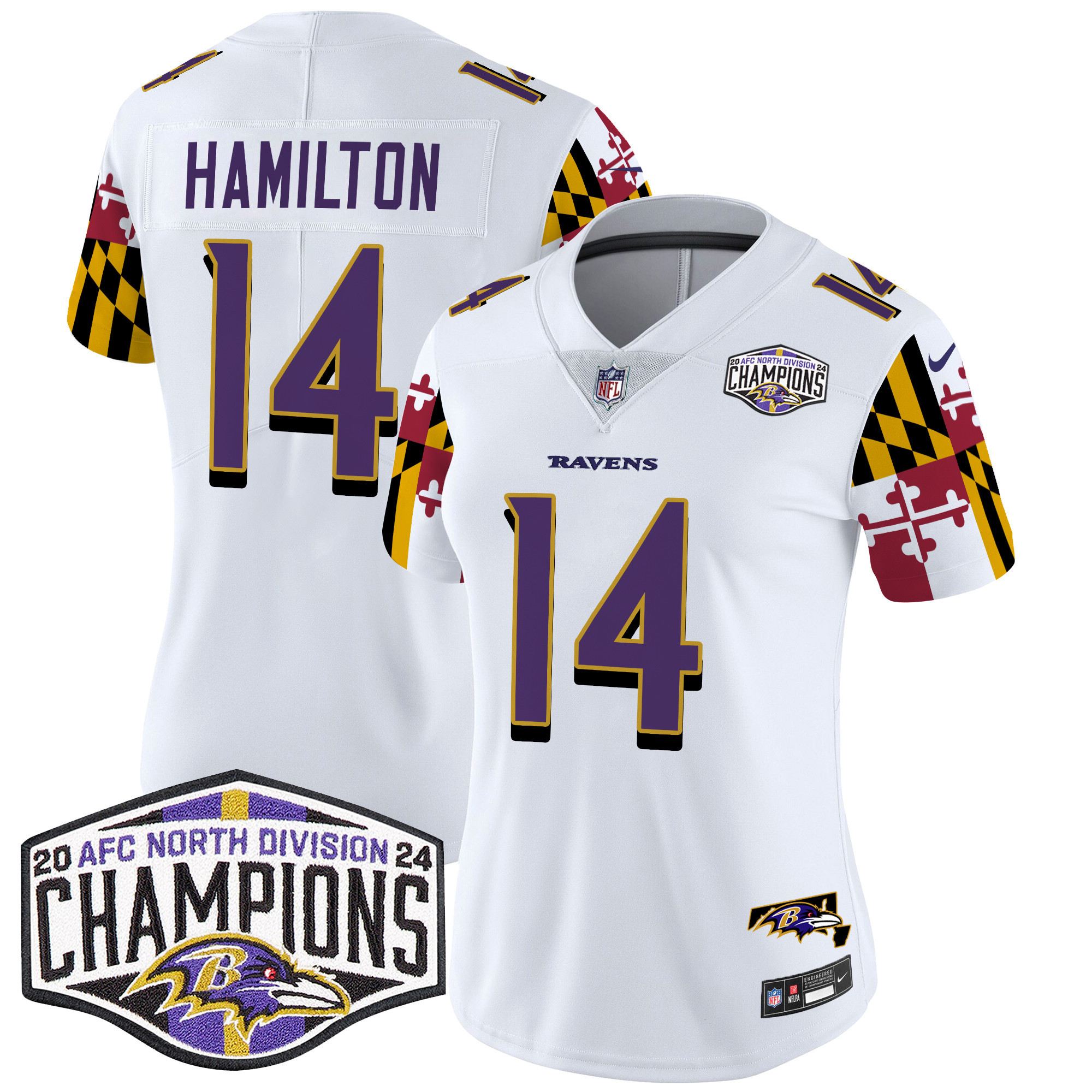 Kyle Hamilton Women's Baltimore Ravens Maryland Flag 2024 AFC North Division Champions Patch Vapor Limited White Jersey - All Stitched