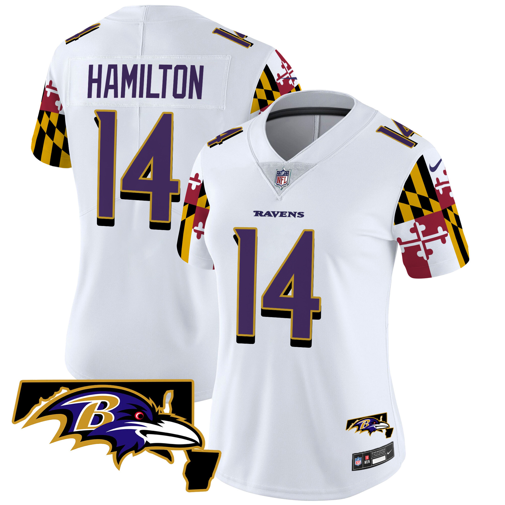 Kyle Hamilton Women's Baltimore Ravens Maryland Flag Vapor Limited White Jersey - All Stitched
