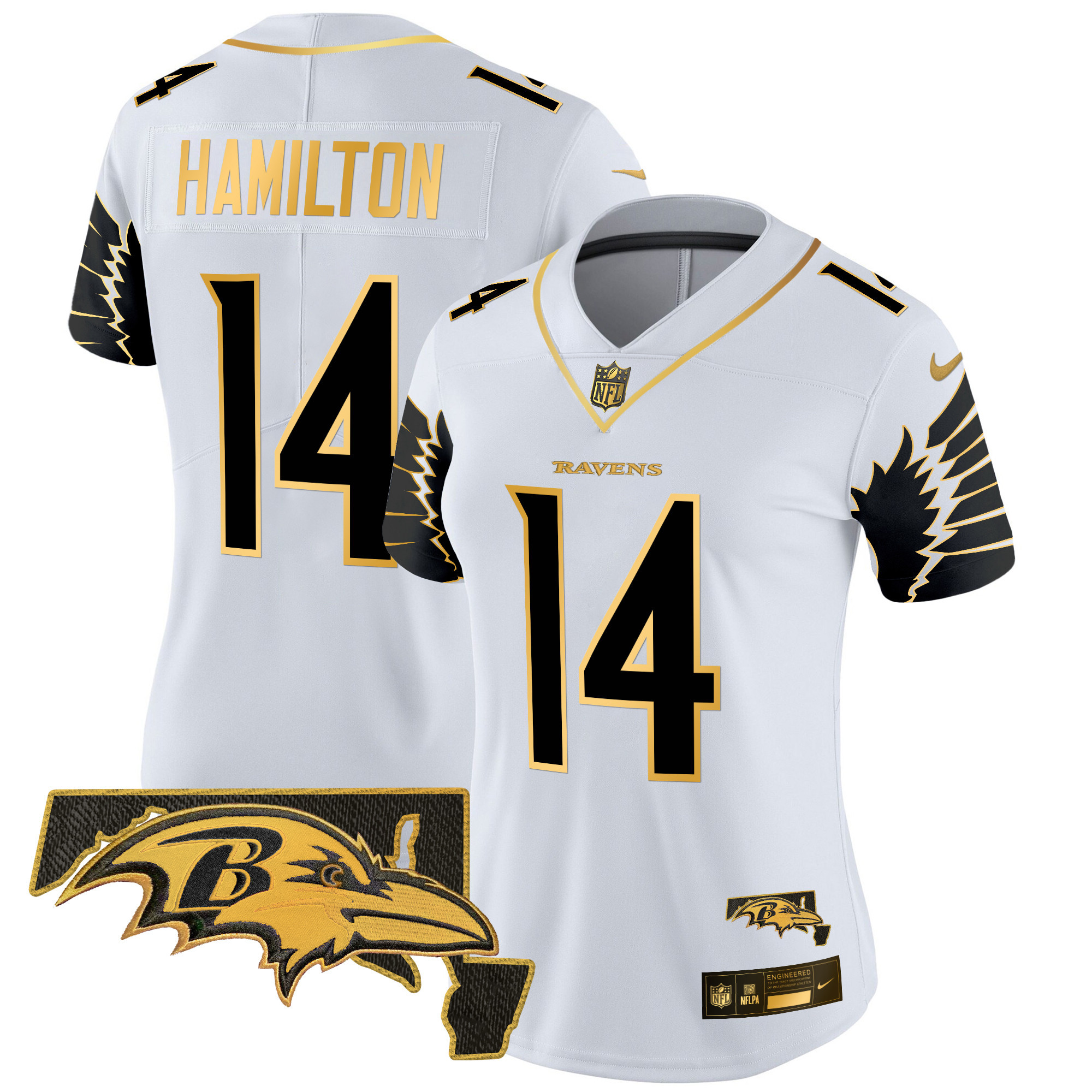 Kyle Hamilton Women's Baltimore Ravens Maryland Patch Gold Vapor Limited White Gold Jersey - All Stitched