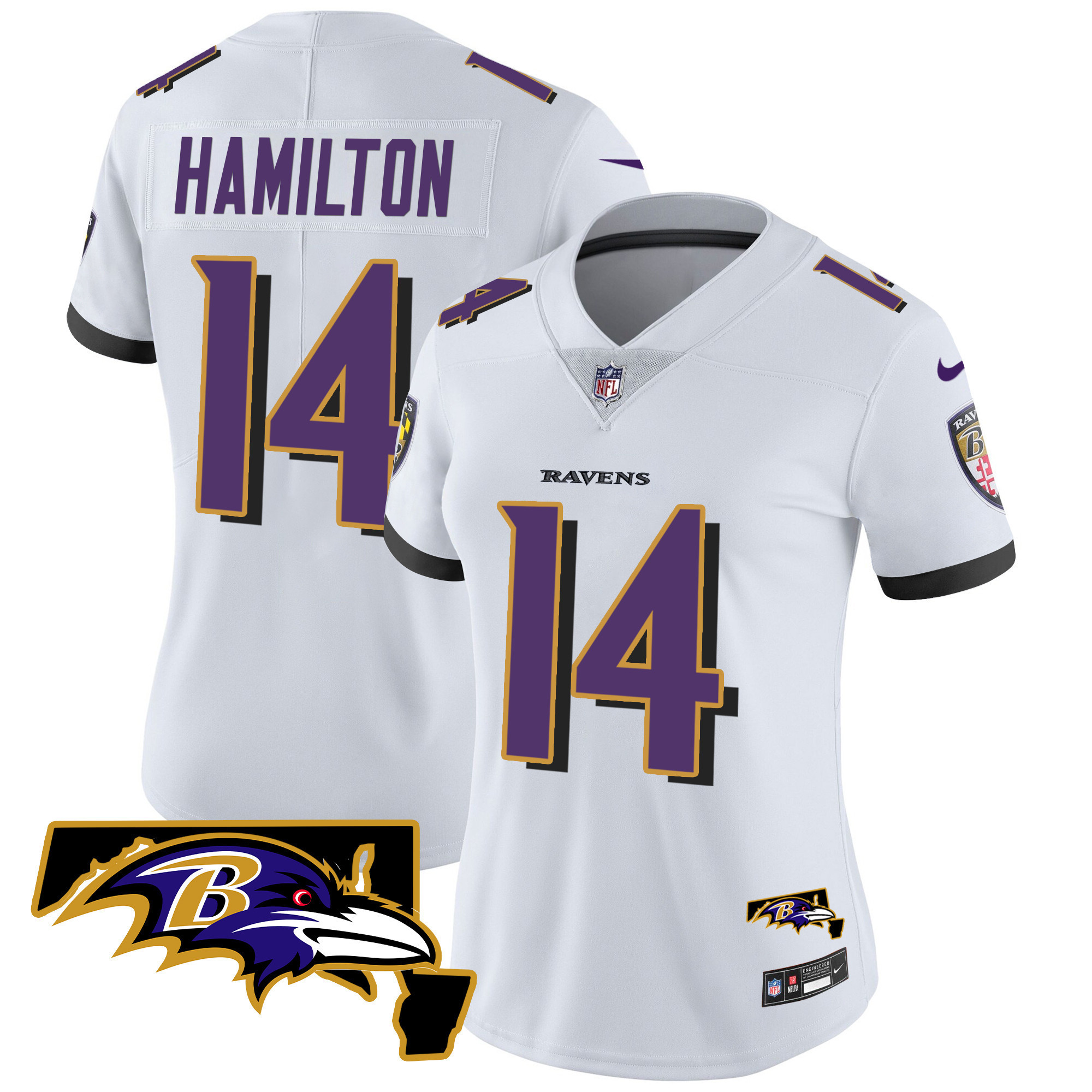 Kyle Hamilton Women's Baltimore Ravens Maryland Patch Vapor Limited White Jersey - All Stitched