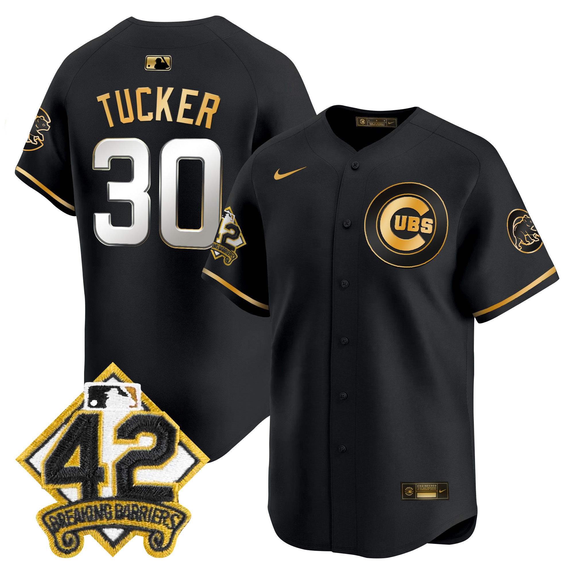 Kyle Tucker Men's Chicago Cubs 2025 Jackie Robinson Patch Vapor Premier Limited Black Gold Jersey - All Stitched