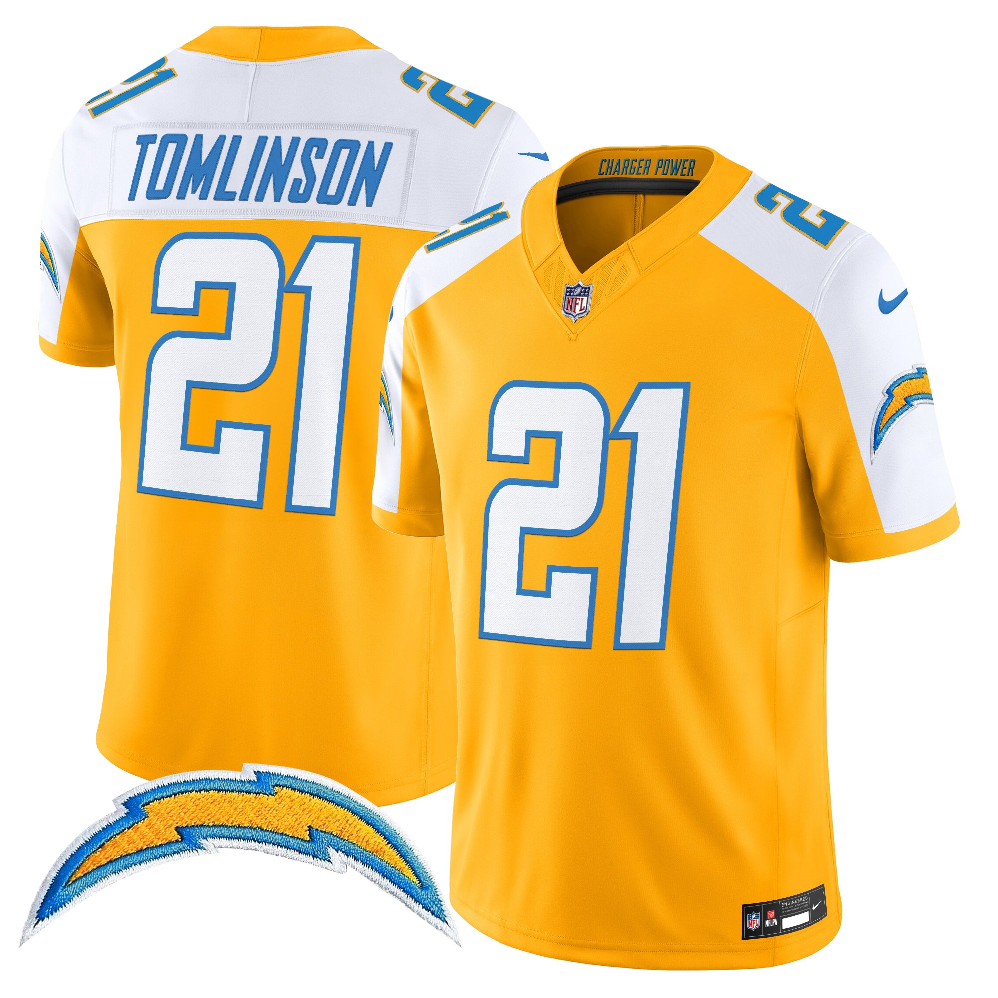 LaDainian Tomlinson Men's Los Angeles Chargers 2025 Alternate Charger Power Vapor Limited Gold Alternate Jersey - All Stitched