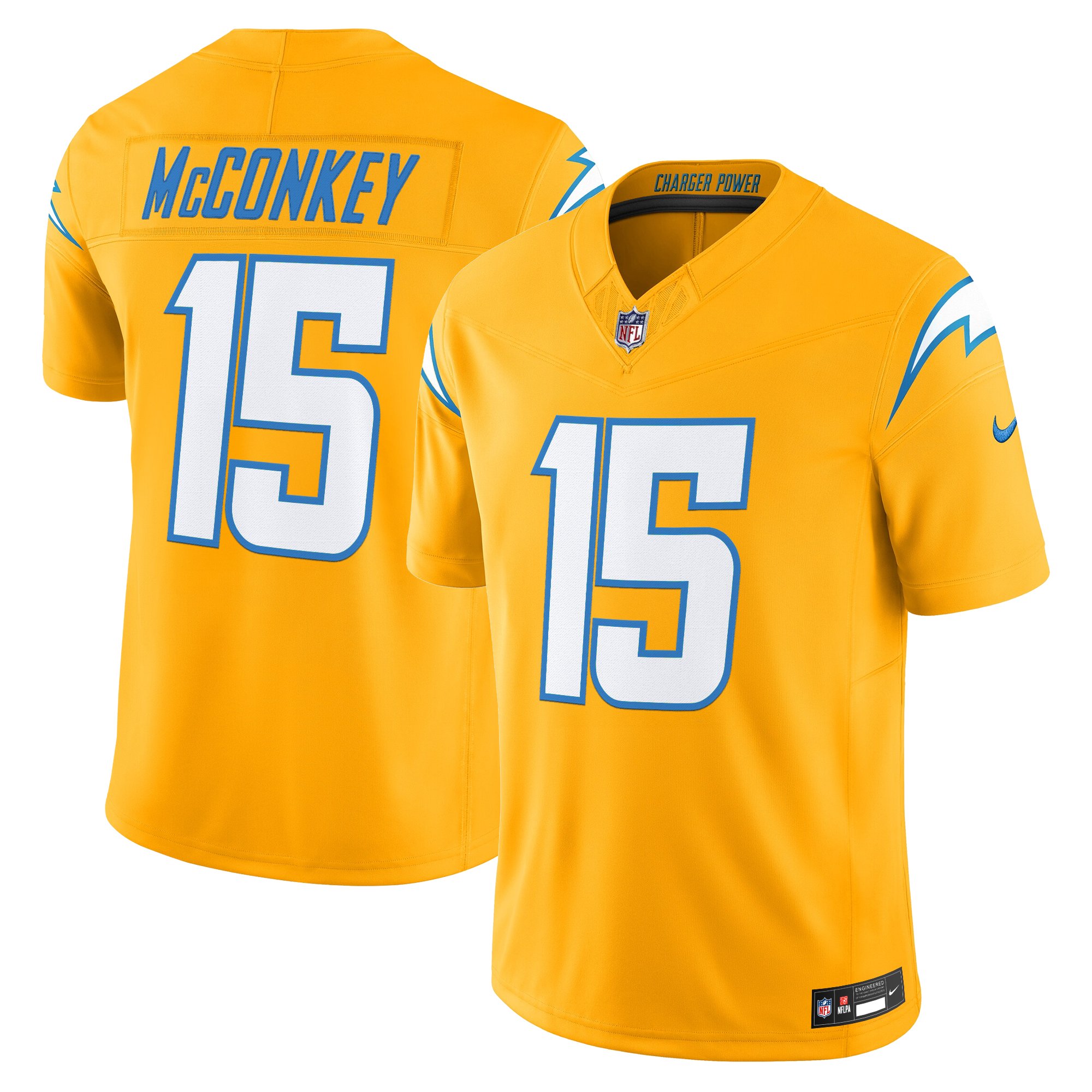 Ladd McConkey Men's Los Angeles Chargers 2025 Alternate Charger Power Vapor Limited Gold Jersey - All Stitched