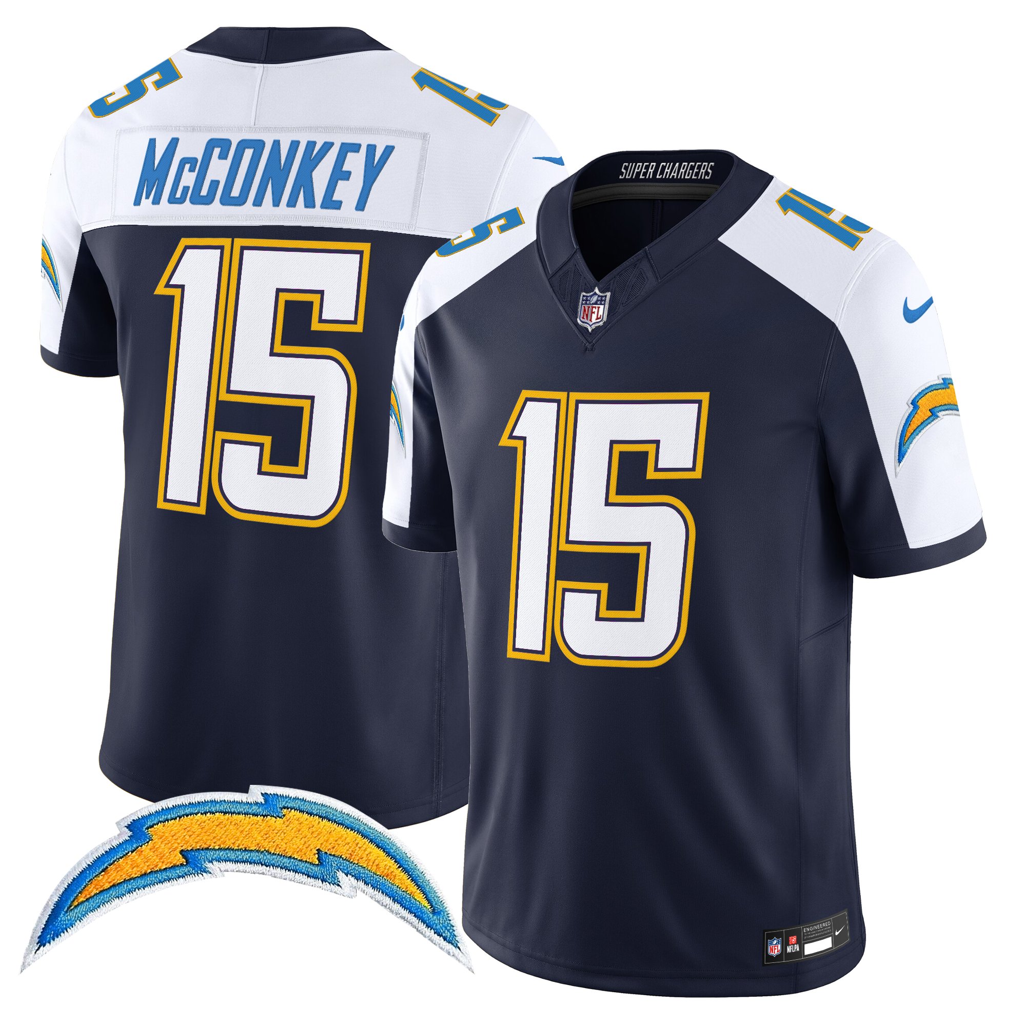 Ladd McConkey Men's Los Angeles Chargers 2025 Alternate Charger Power Vapor Limited Navy Alternate Jersey - All Stitched