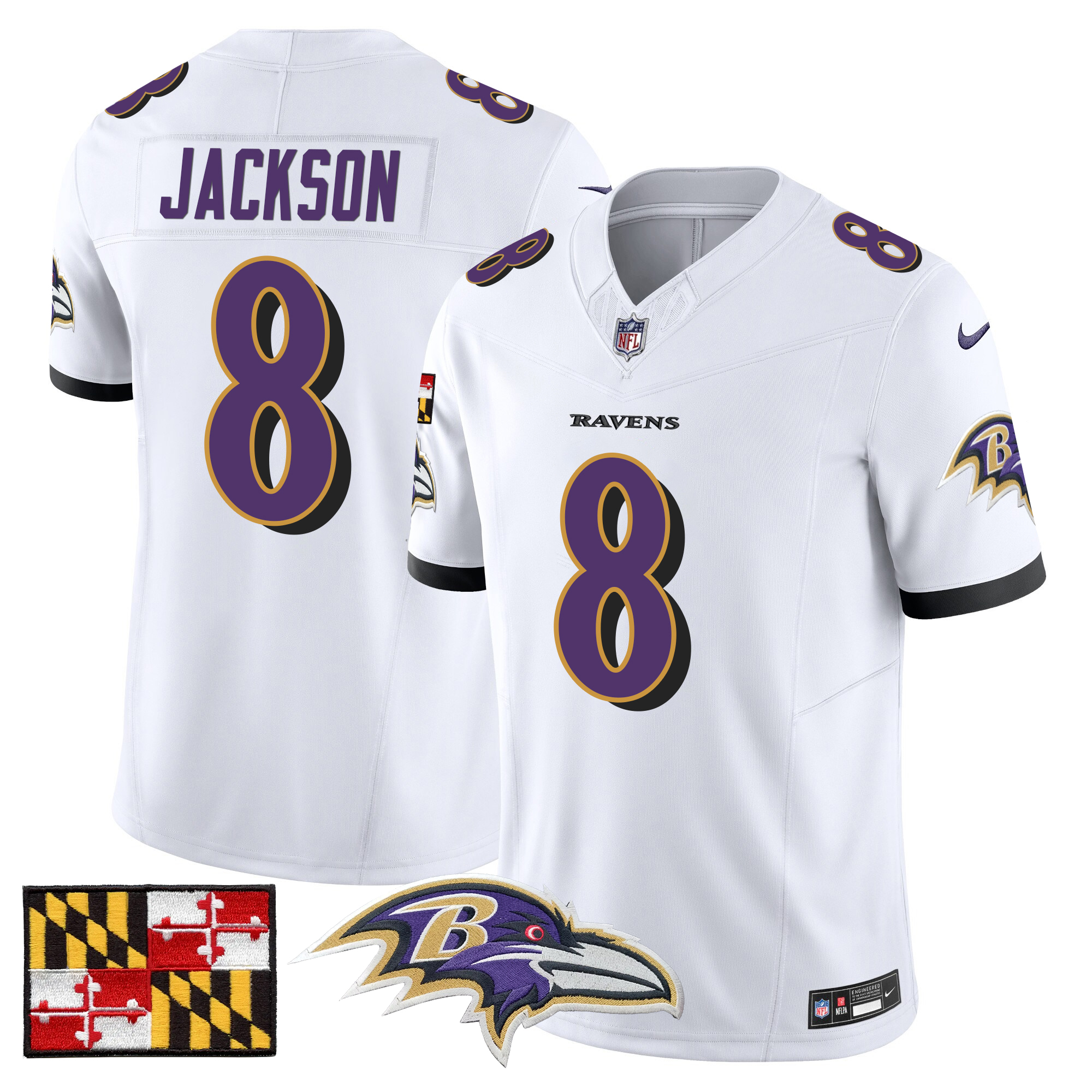 Lamar Jackson Men's Baltimore Ravens 2024 Maryland Flag Vapor Limited White Jersey - All Stitched