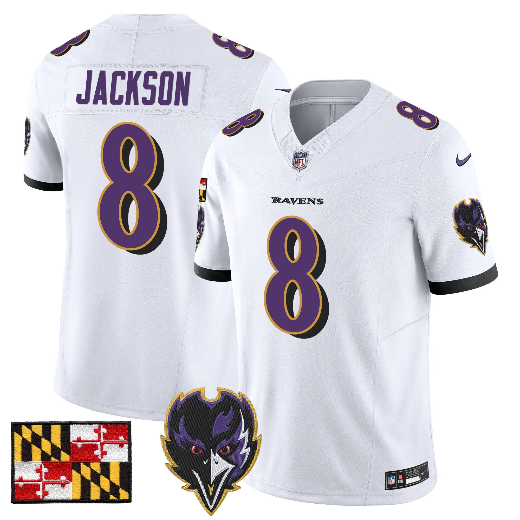Lamar Jackson Men's Baltimore Ravens 2024 Maryland Flag Vapor Limited White Jersey - All Stitched