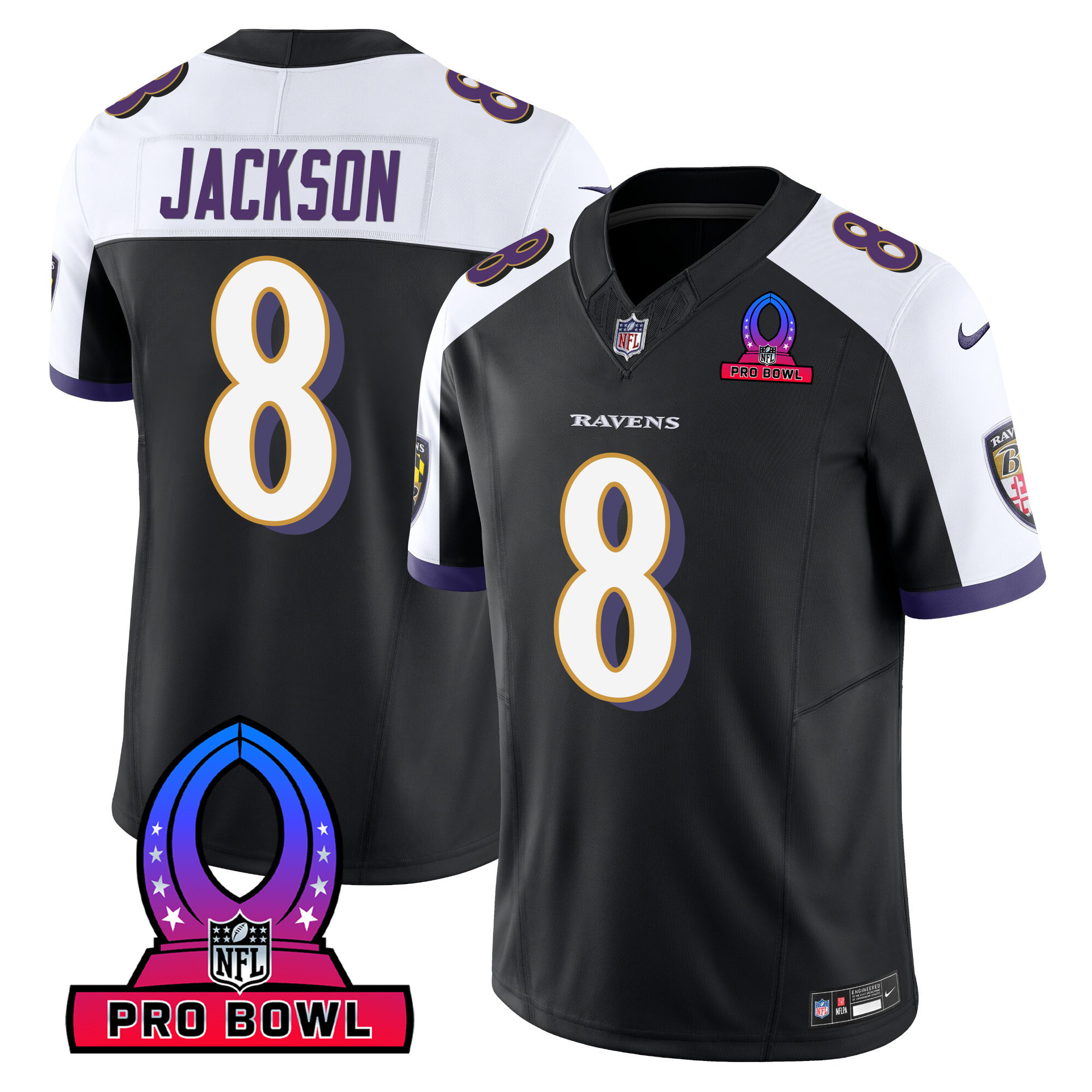 Lamar Jackson Men's Baltimore Ravens 2024 Pro Bowl Patch Vapor Black Alternate Jersey - All Stitched