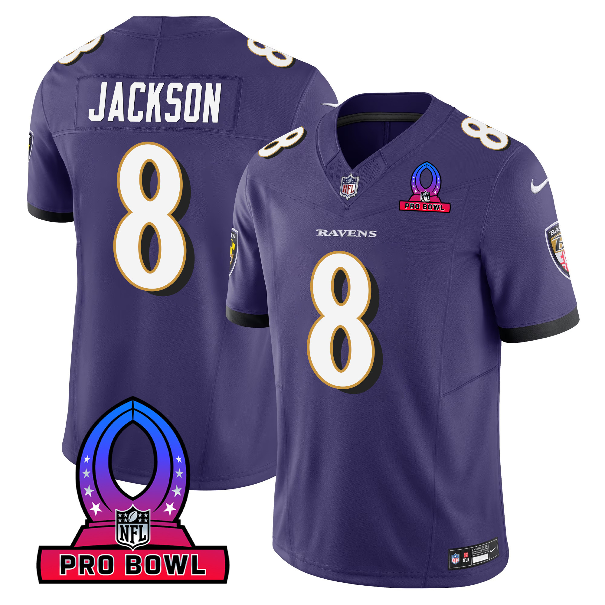 Lamar Jackson Men's Baltimore Ravens 2024 Pro Bowl Patch Vapor Purple Jersey - All Stitched