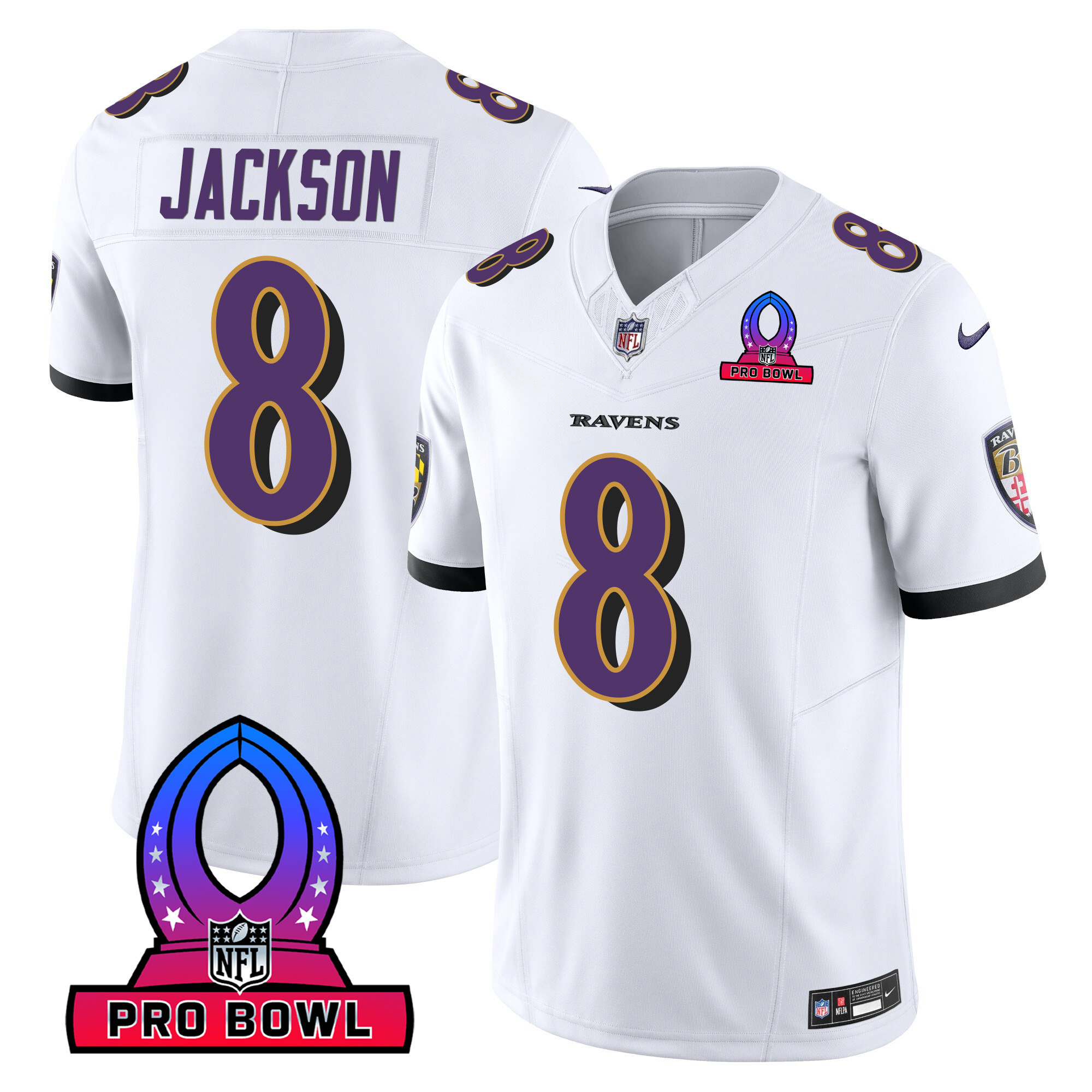 Lamar Jackson Men's Baltimore Ravens 2024 Pro Bowl Patch Vapor White Jersey - All Stitched