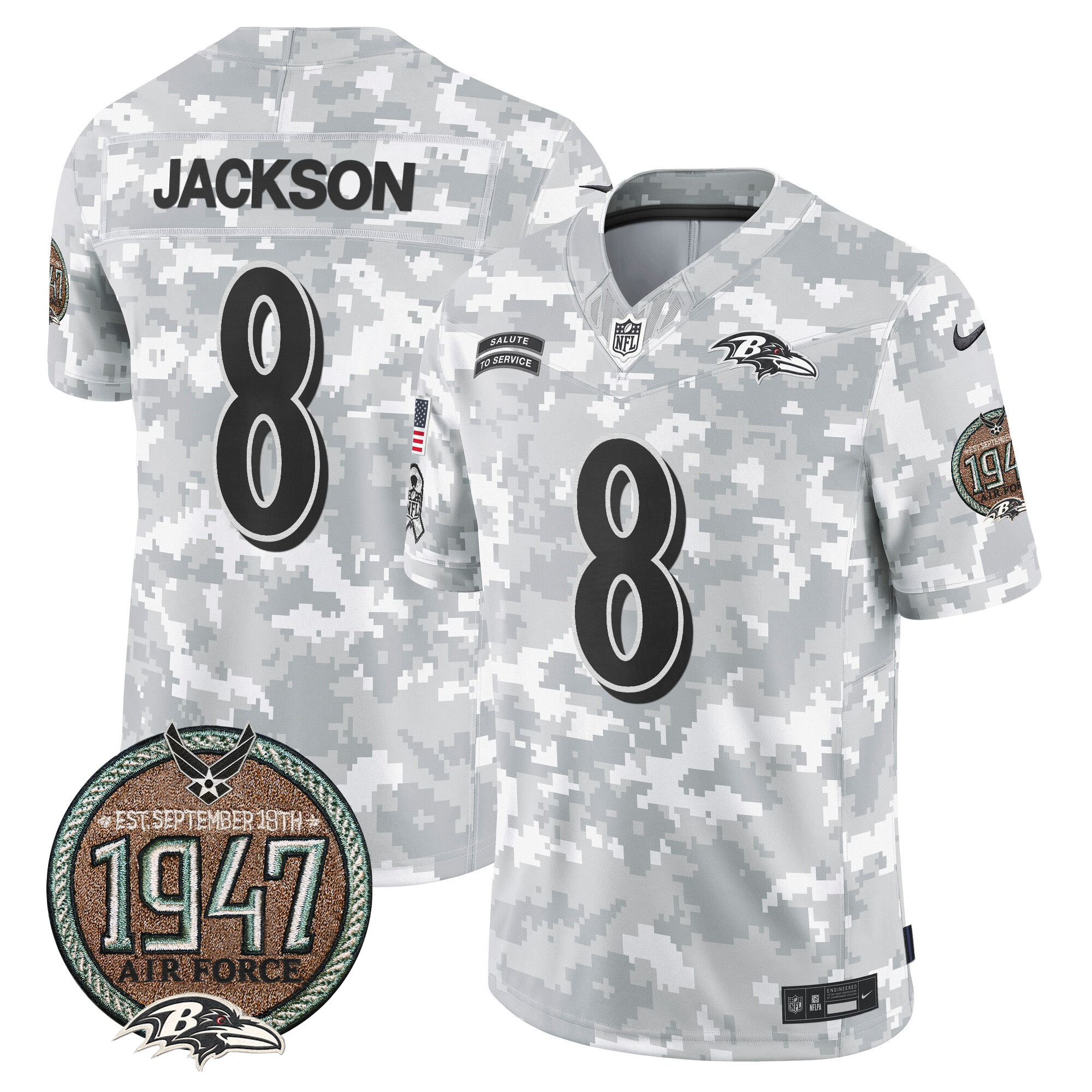 Lamar Jackson Men's Baltimore Ravens 2024 Salute to Service Establishment Year Patch Vapor Limited Air Force Jersey - All Stitched