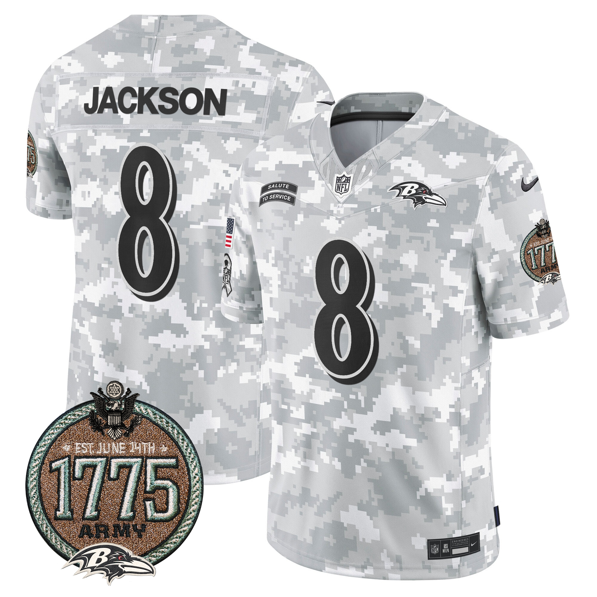Lamar Jackson Men's Baltimore Ravens 2024 Salute to Service Establishment Year Patch Vapor Limited Army Jersey - All Stitched