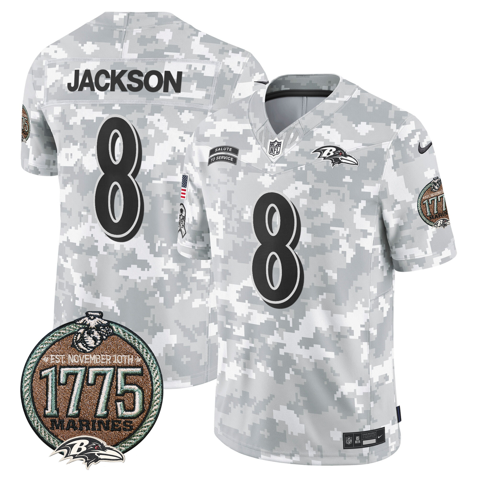 Lamar Jackson Men's Baltimore Ravens 2024 Salute to Service Establishment Year Patch Vapor Limited Marines Jersey - All Stitched