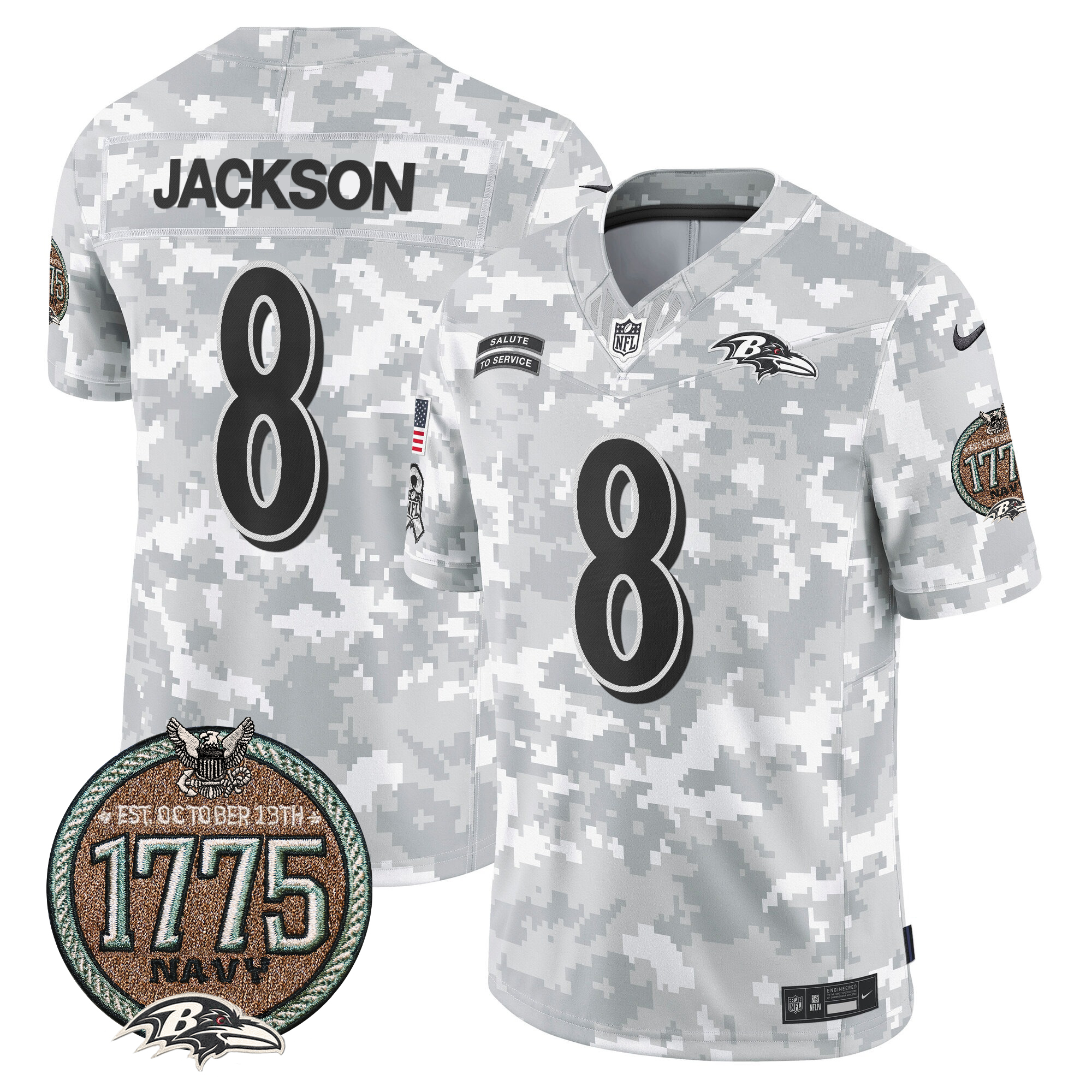 Lamar Jackson Men's Baltimore Ravens 2024 Salute to Service Establishment Year Patch Vapor Limited Navy Jersey - All Stitched