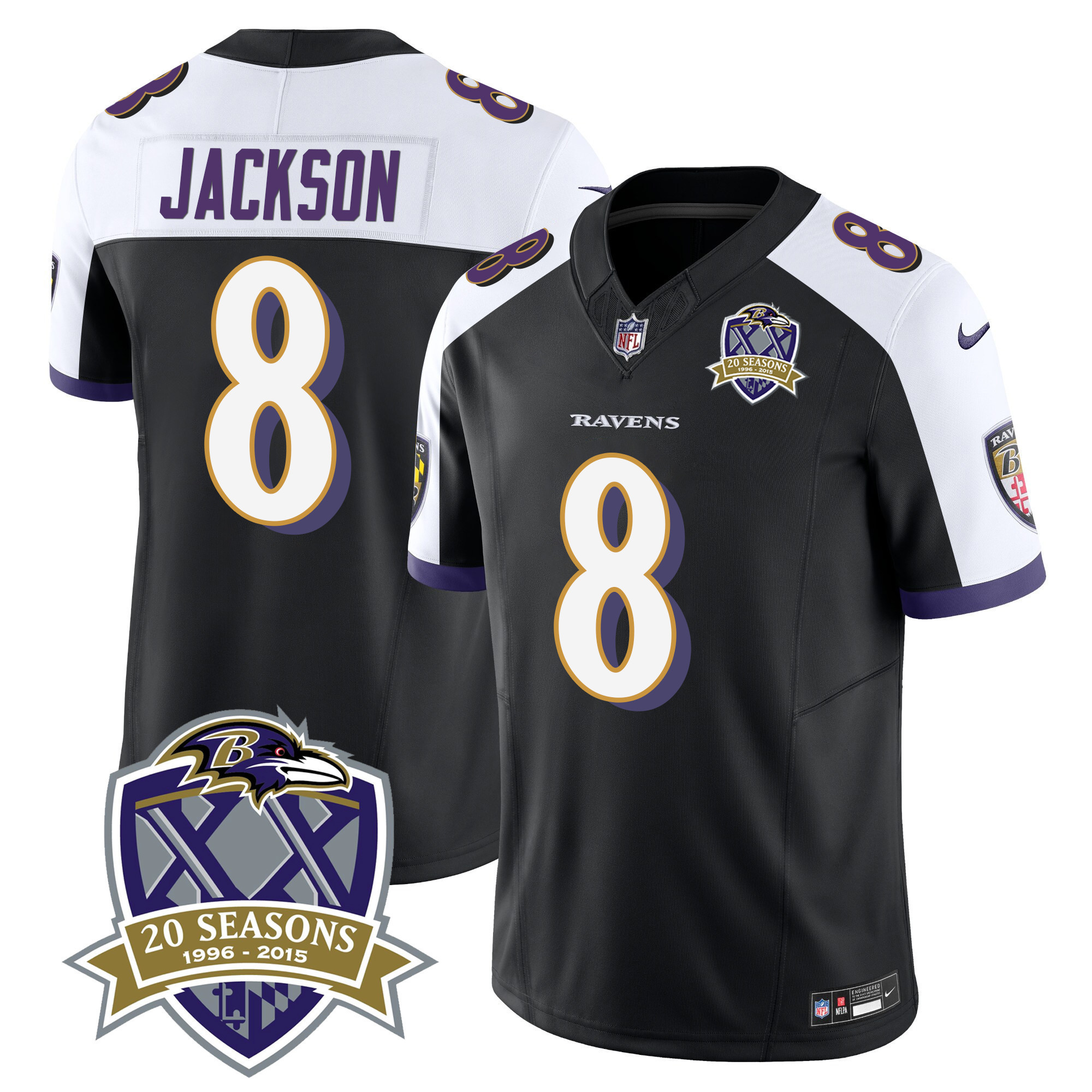 Lamar Jackson Men's Baltimore Ravens 20th Season Patch Vapor Limited Black Alternate Jersey - All Stitched