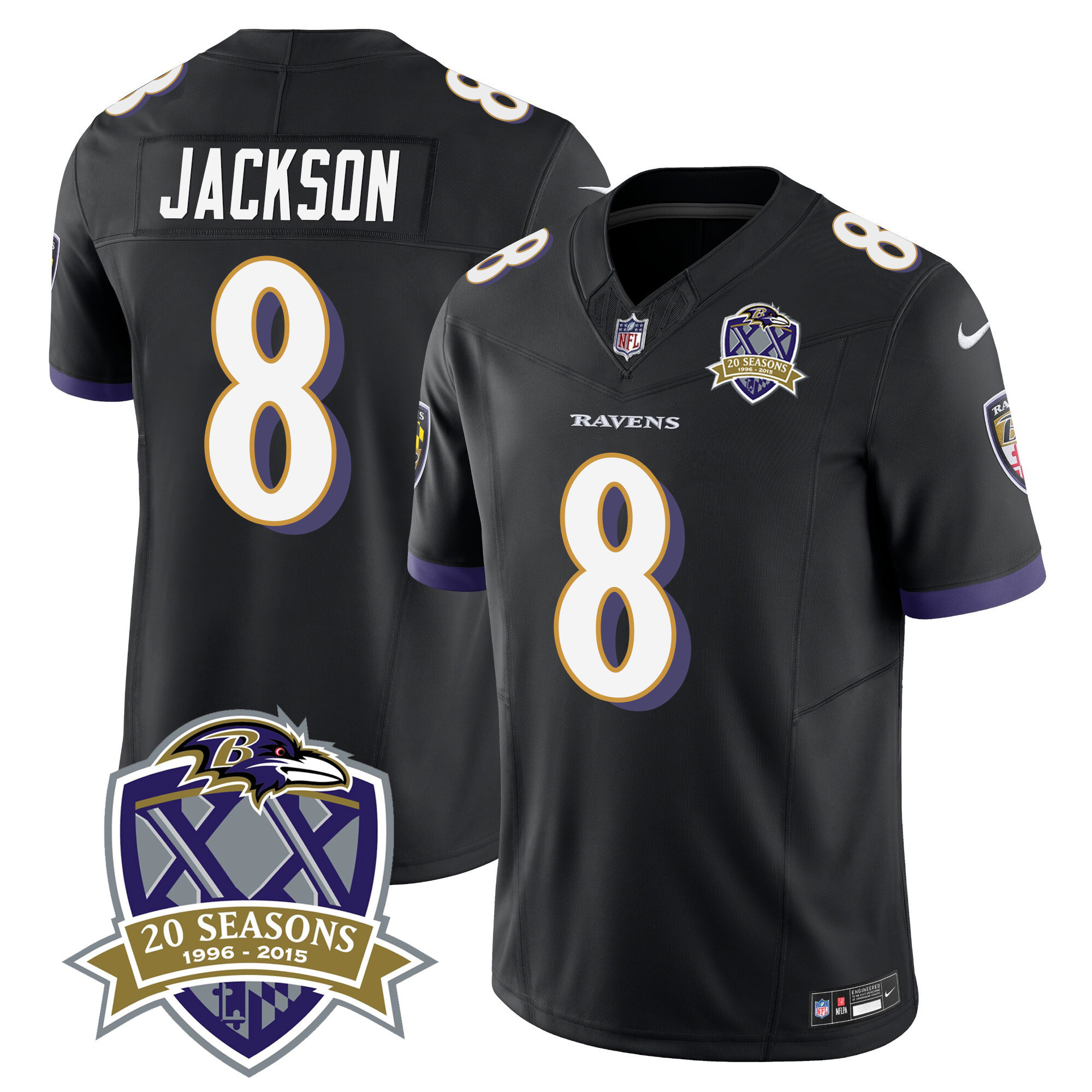 Lamar Jackson Men's Baltimore Ravens 20th Season Patch Vapor Limited Black Jersey - All Stitched