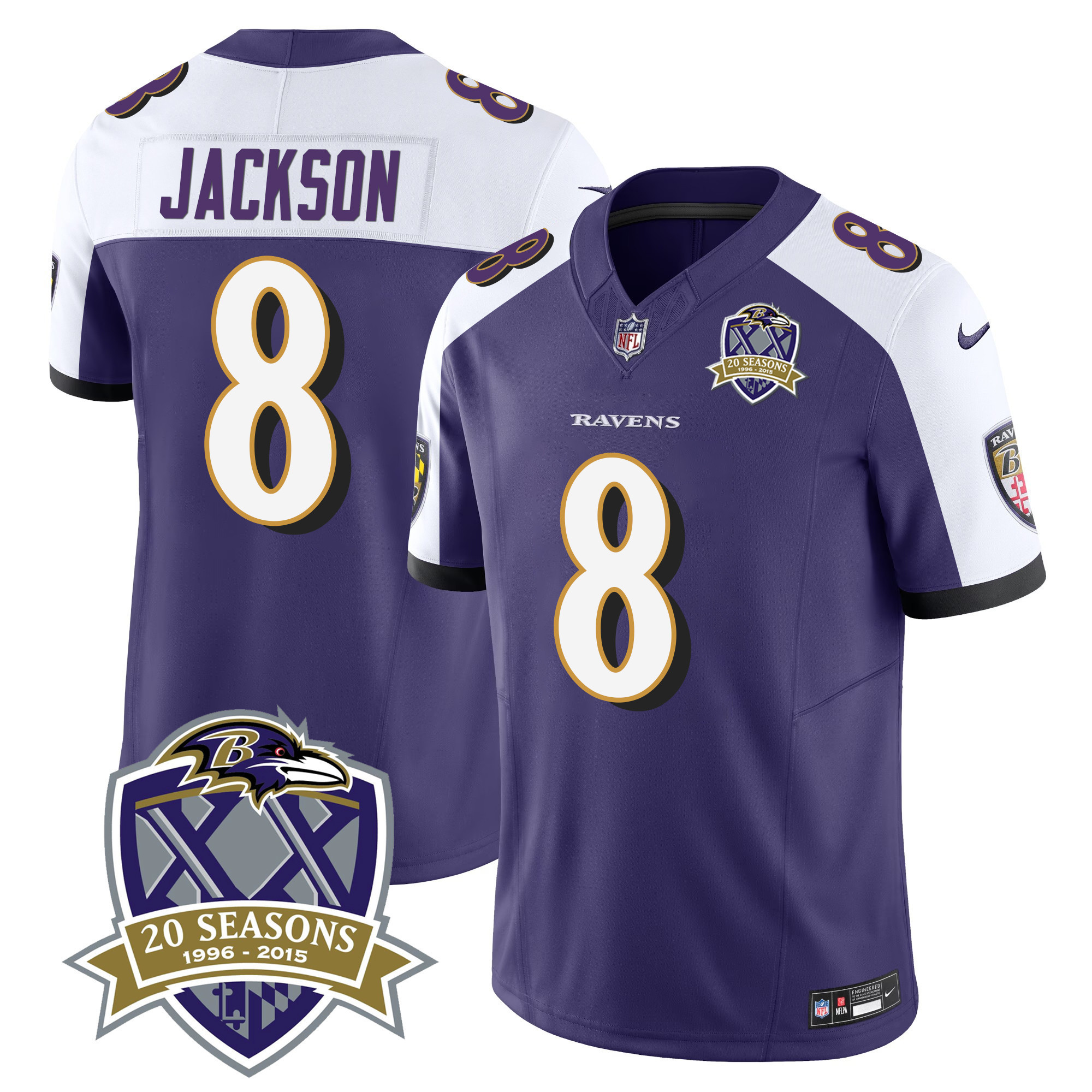 Lamar Jackson Men's Baltimore Ravens 20th Season Patch Vapor Limited Purple Alternate Jersey - All Stitched