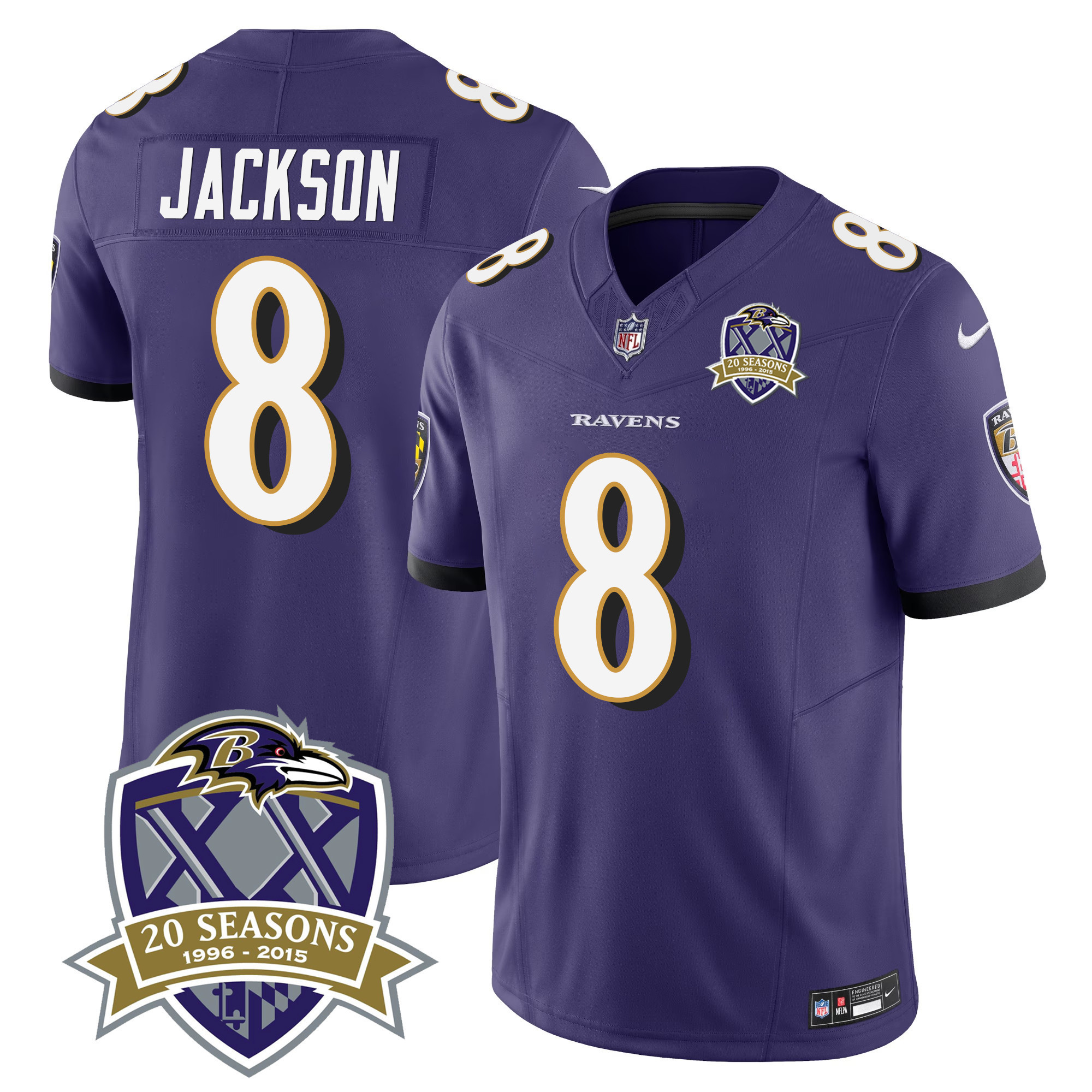 Lamar Jackson Men's Baltimore Ravens 20th Season Patch Vapor Limited Purple Jersey - All Stitched