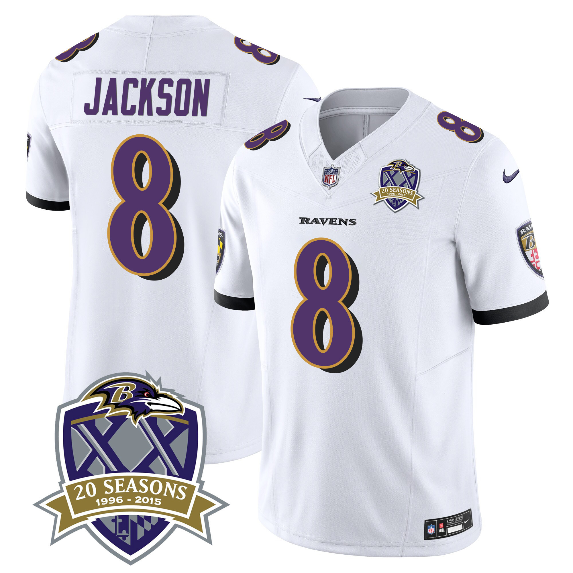 Lamar Jackson Men's Baltimore Ravens 20th Season Patch Vapor Limited White Jersey - All Stitched