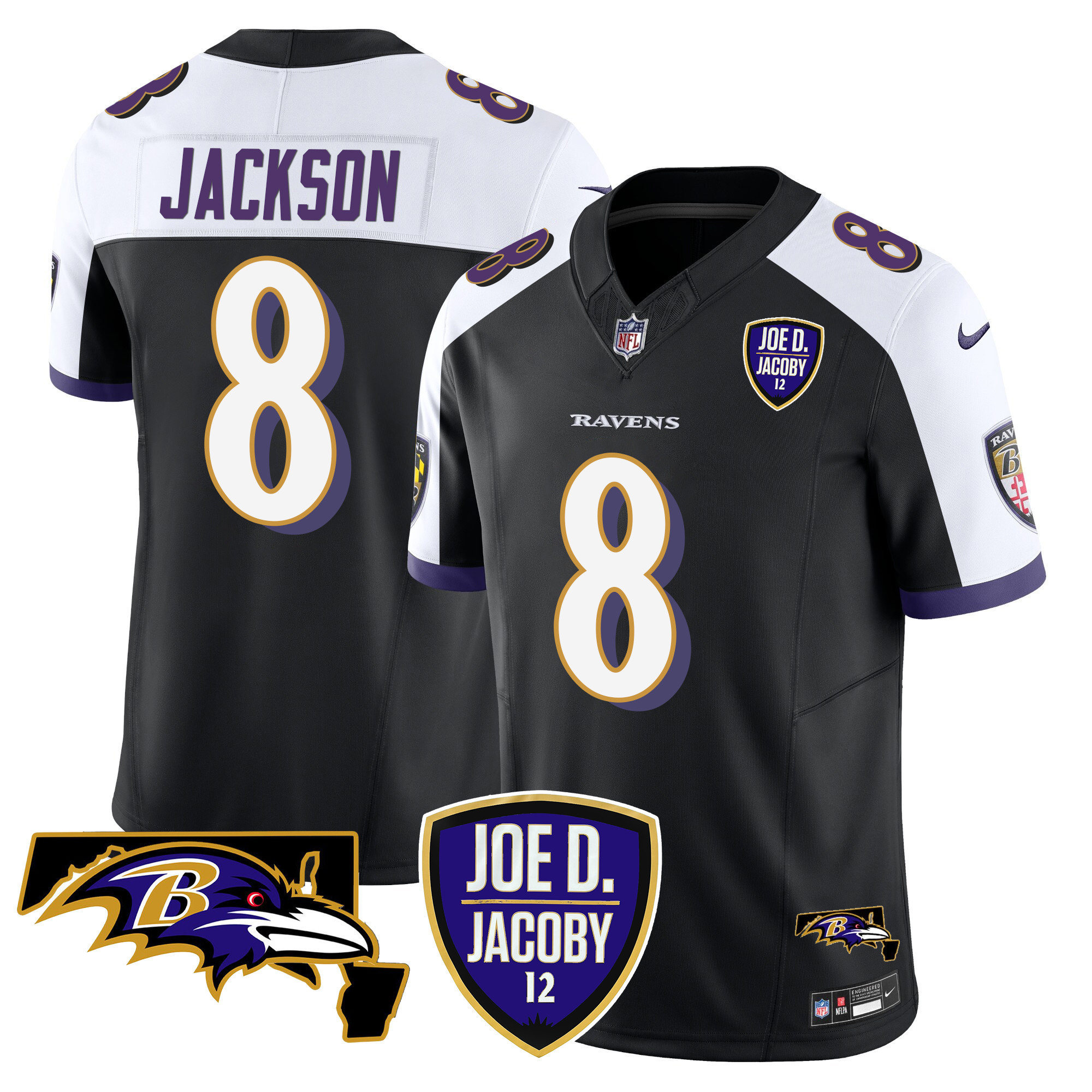 Lamar Jackson Men's Baltimore Ravens Joe D & Jacoby Patch Vapor Limited Black Alternate Jersey - All Stitched