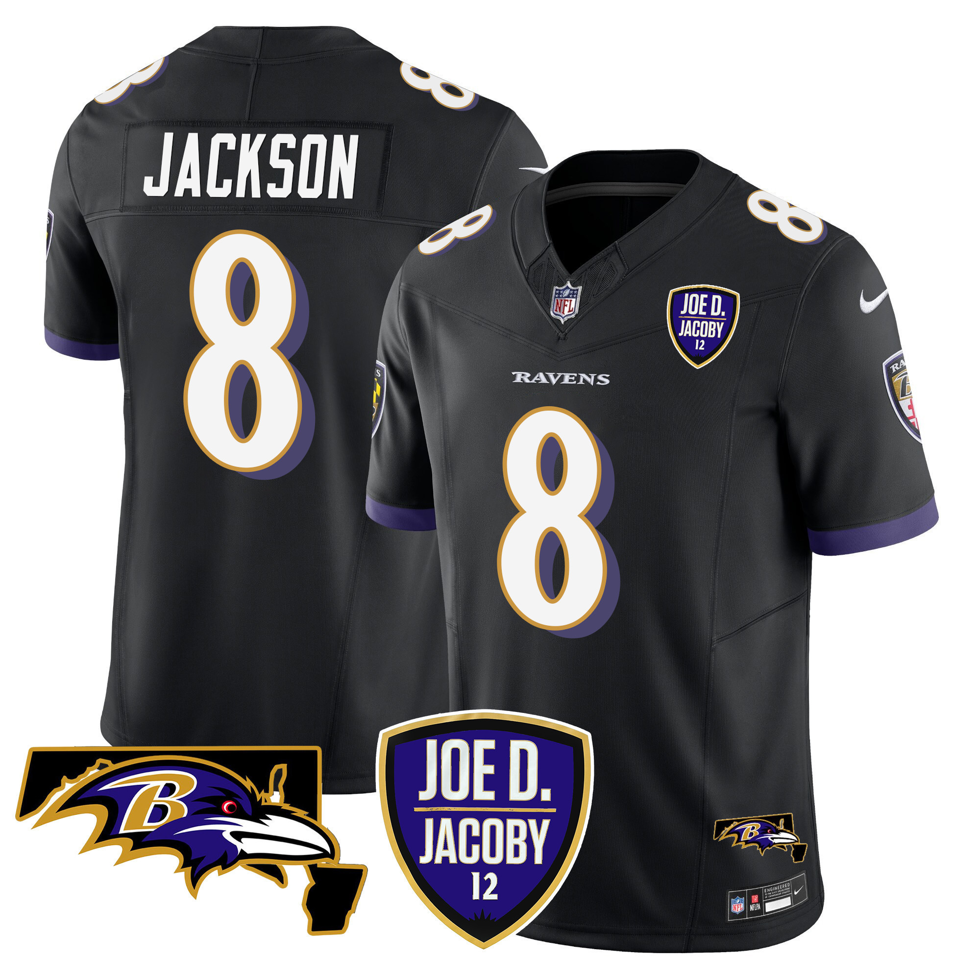 Lamar Jackson Men's Baltimore Ravens Joe D & Jacoby Patch Vapor Limited Black Jersey - All Stitched