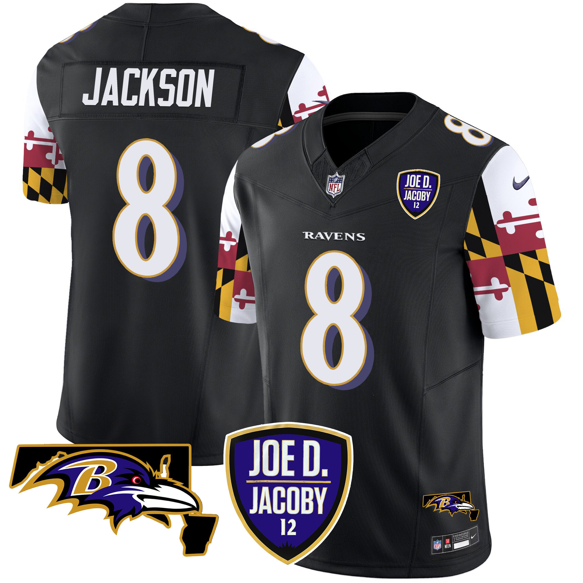 Lamar Jackson Men's Baltimore Ravens Joe D & Jacoby Patch Vapor Limited Black Jersey - All Stitched