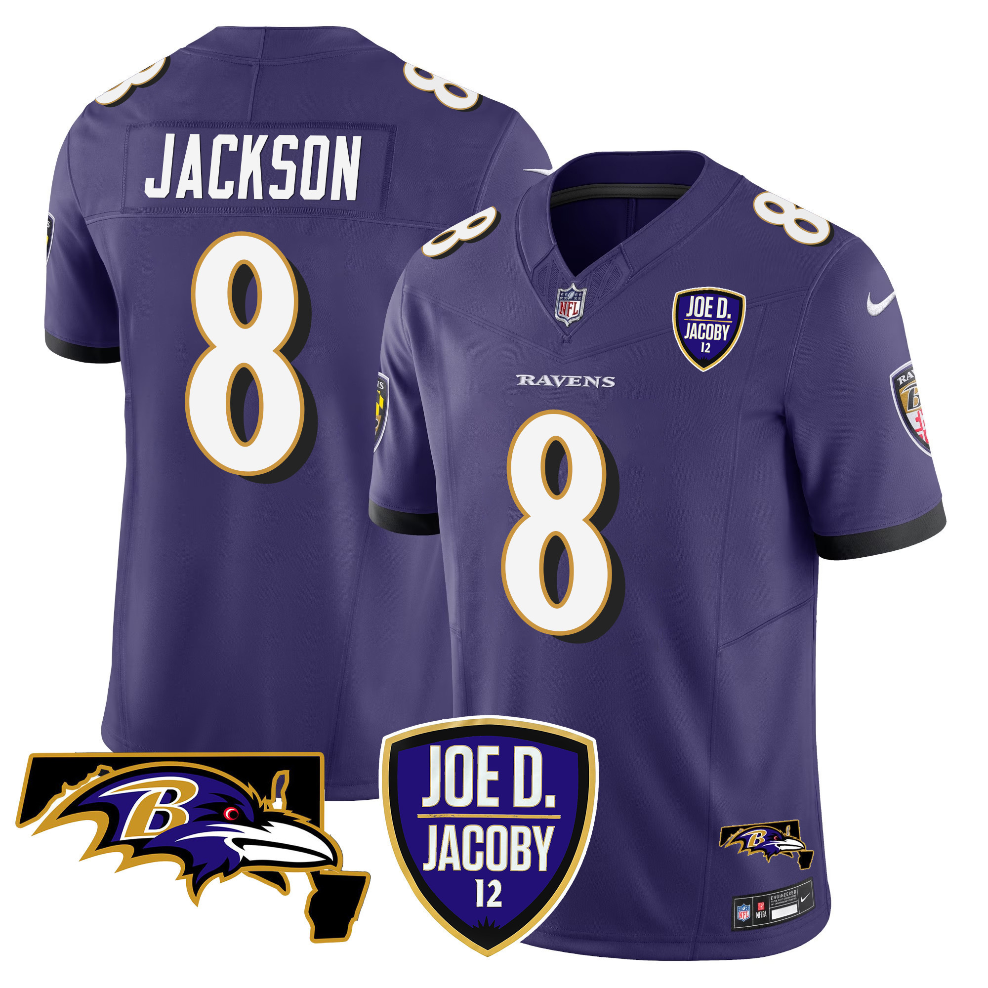 Lamar Jackson Men's Baltimore Ravens Joe D & Jacoby Patch Vapor Limited Purple Jersey - All Stitched