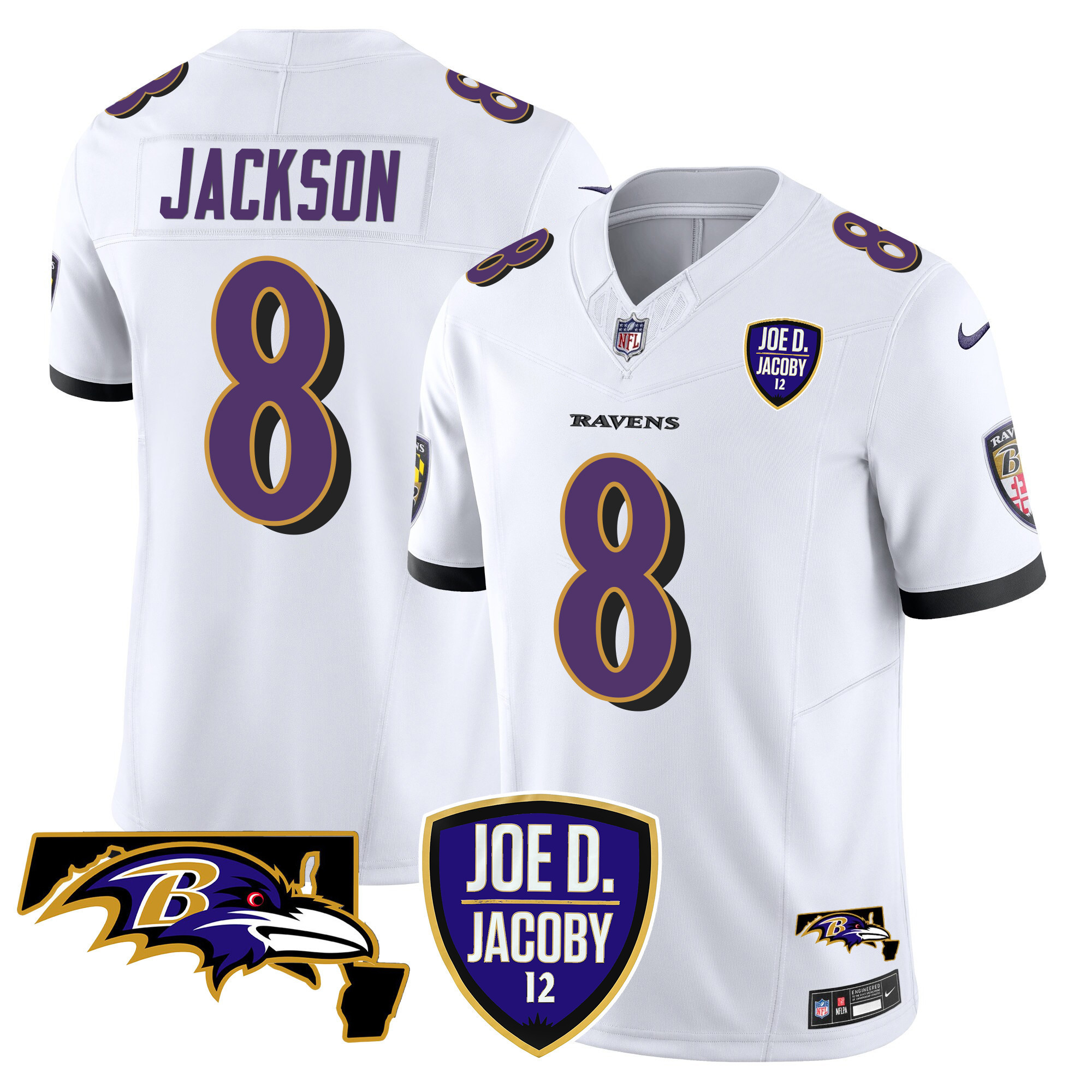Lamar Jackson Men's Baltimore Ravens Joe D & Jacoby Patch Vapor Limited White Jersey - All Stitched