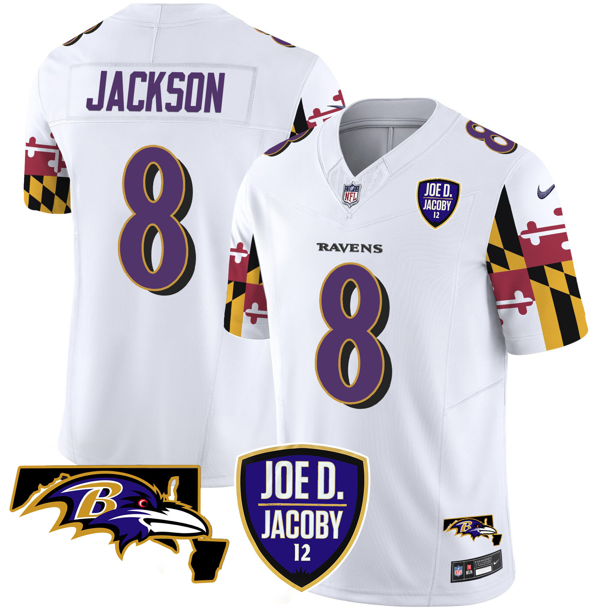 Lamar Jackson Men's Baltimore Ravens Joe D & Jacoby Patch Vapor Limited White Jersey - All Stitched