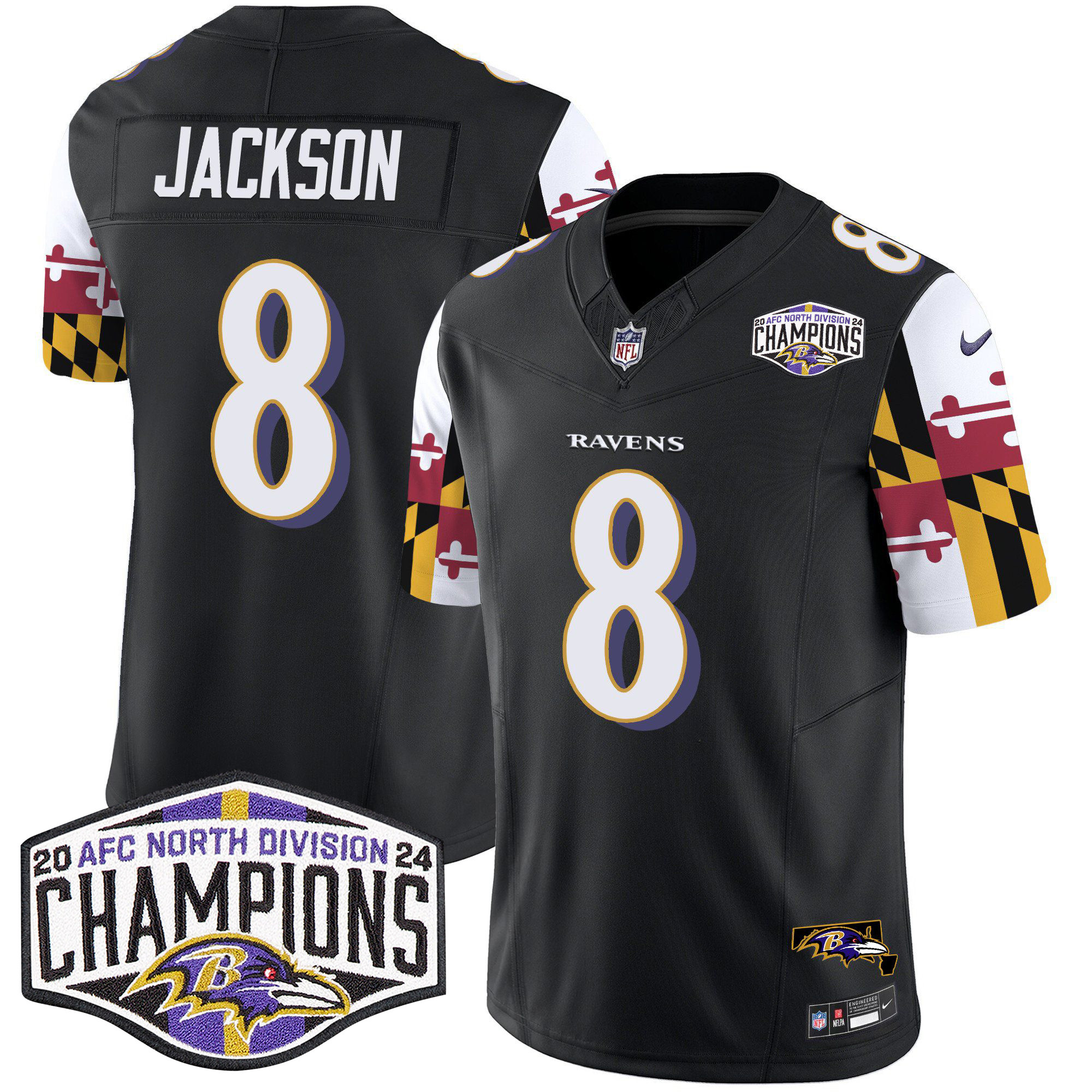 Lamar Jackson Men's Baltimore Ravens Maryland Flag 2024 AFC North Division Champions Patch Vapor Limited Black Jersey - All Stitched