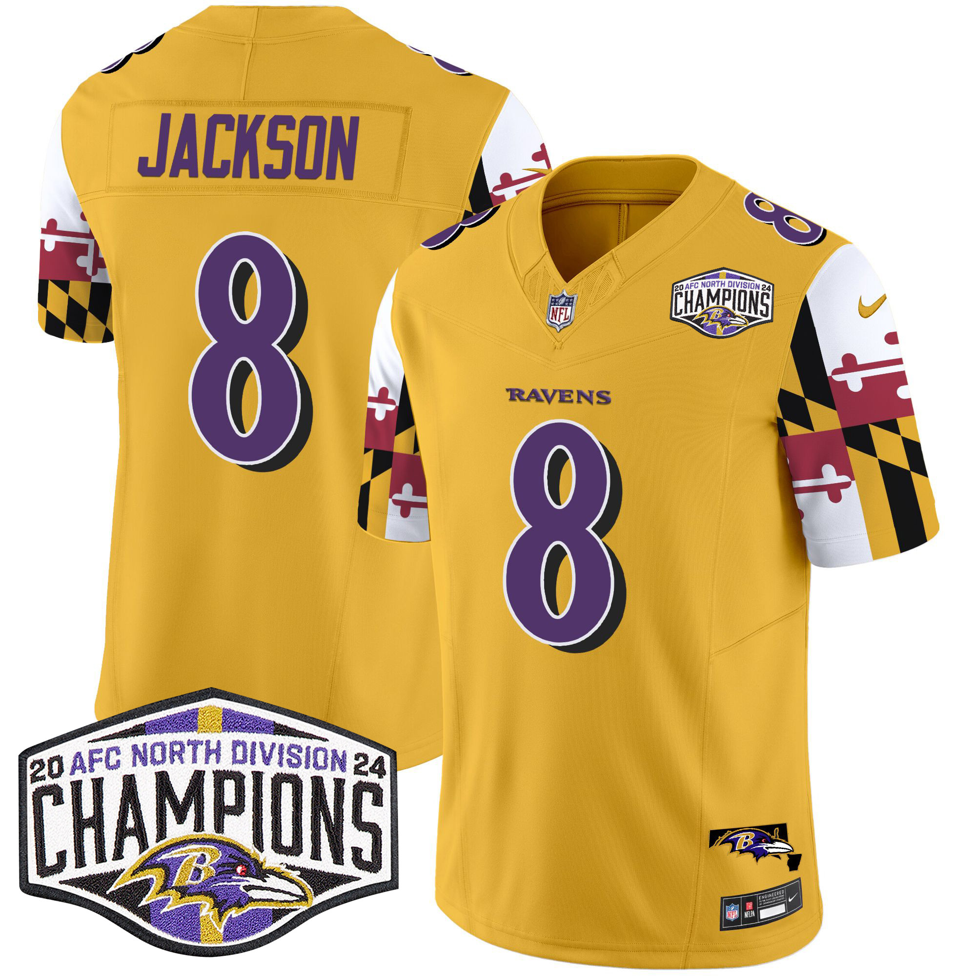 Lamar Jackson Men's Baltimore Ravens Maryland Flag 2024 AFC North Division Champions Patch Vapor Limited Gold Jersey - All Stitched