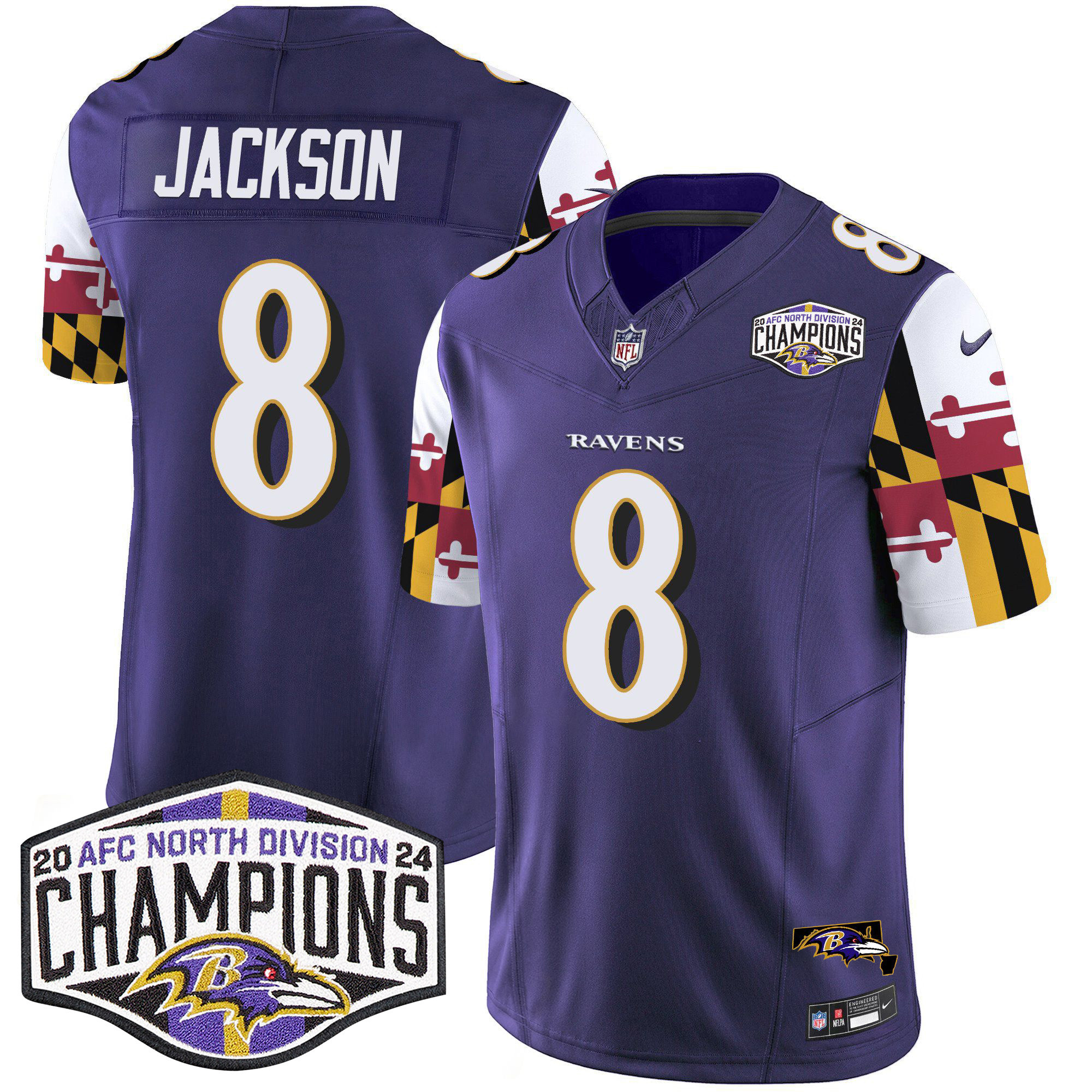 Lamar Jackson Men's Baltimore Ravens Maryland Flag 2024 AFC North Division Champions Patch Vapor Limited Purple Jersey - All Stitched