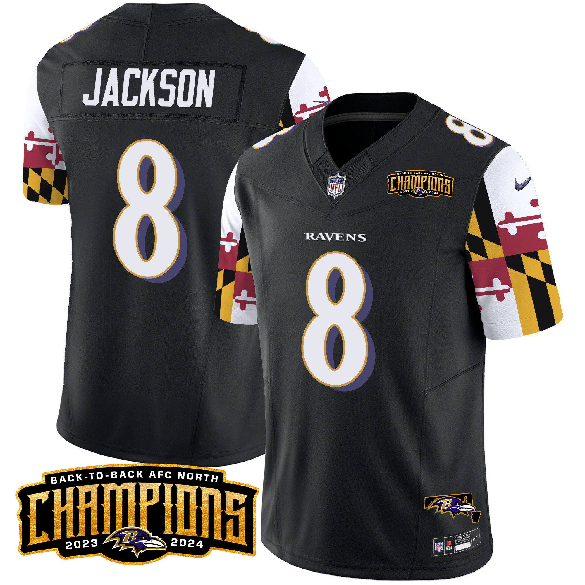 Lamar Jackson Men's Baltimore Ravens Maryland Flag Back To Back AFC North Champions Patch Vapor Limited Black Jersey - All Stitched