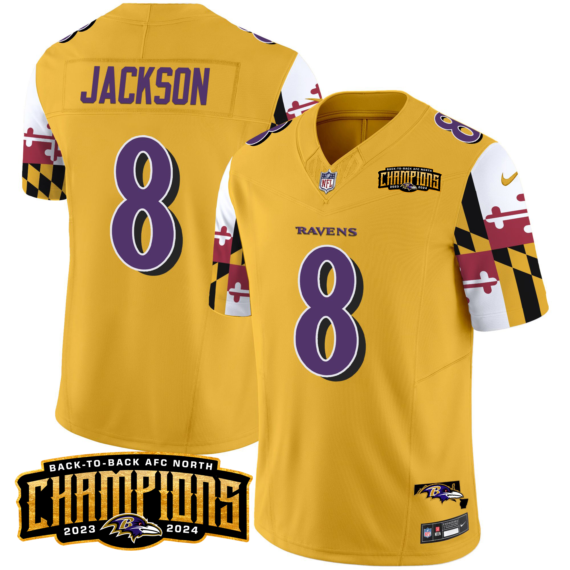 Lamar Jackson Men's Baltimore Ravens Maryland Flag Back To Back AFC North Champions Patch Vapor Limited Gold Jersey - All Stitched