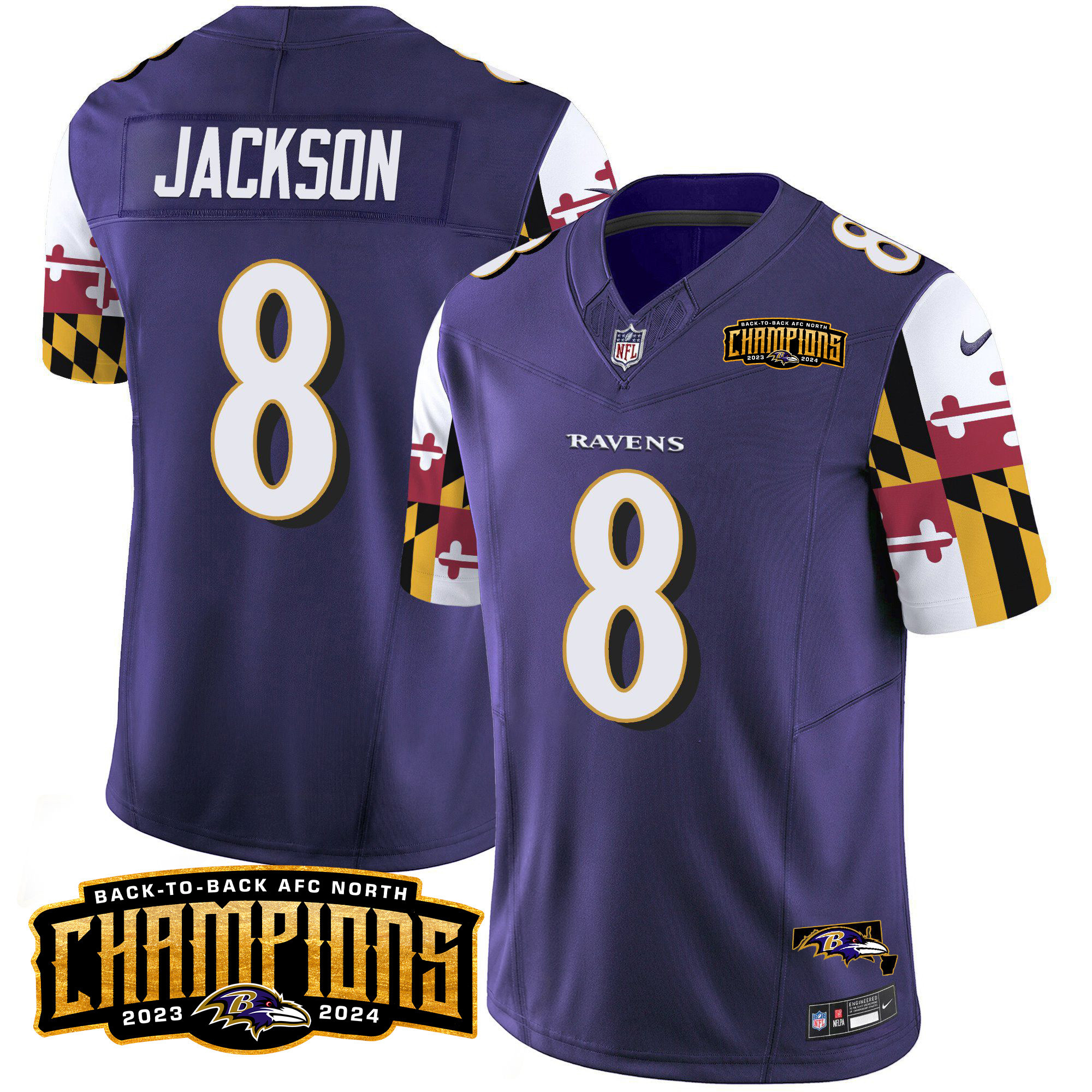 Lamar Jackson Men's Baltimore Ravens Maryland Flag Back To Back AFC North Champions Patch Vapor Limited Purple Jersey - All Stitched