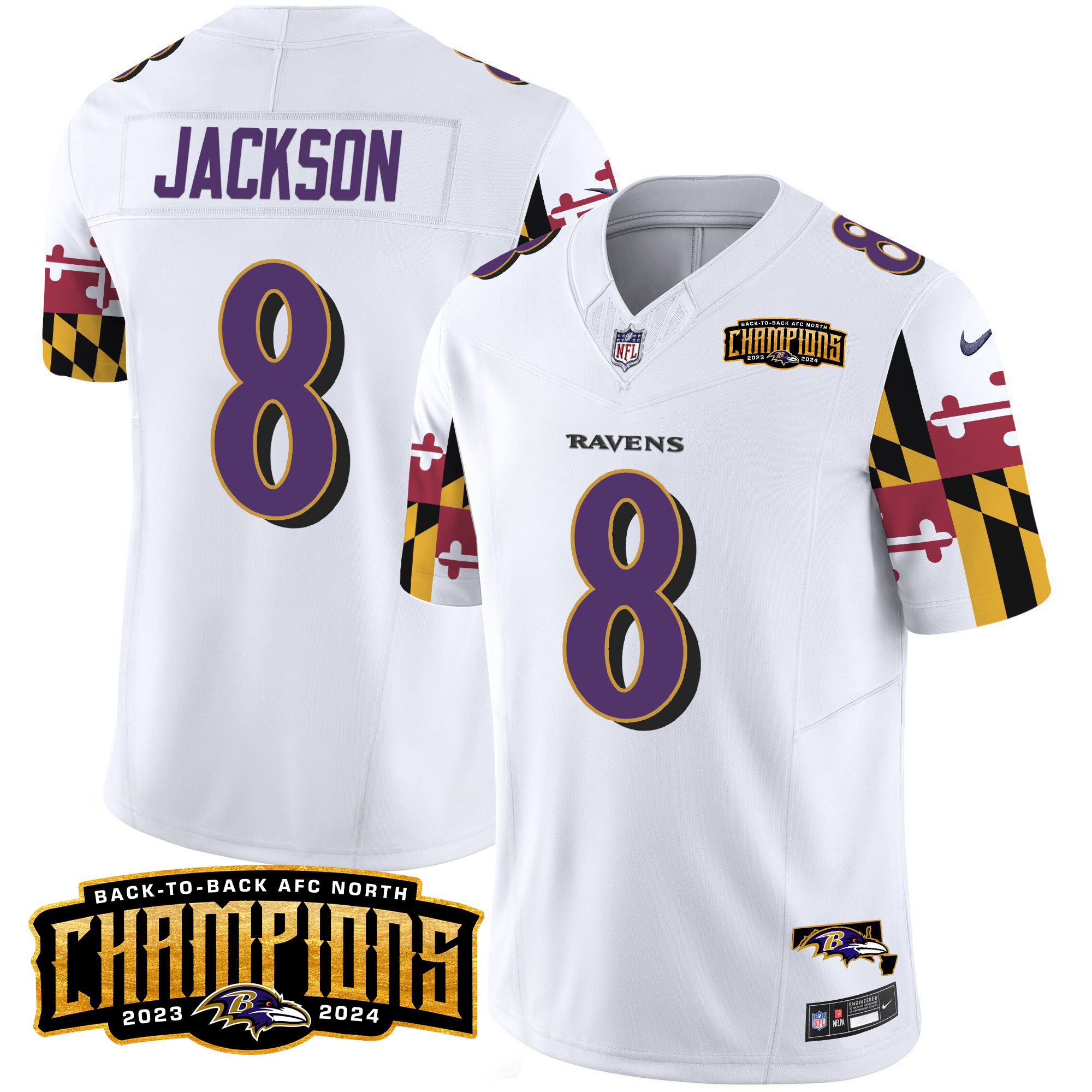 Lamar Jackson Men's Baltimore Ravens Maryland Flag Back To Back AFC North Champions Patch Vapor Limited White Jersey - All Stitched