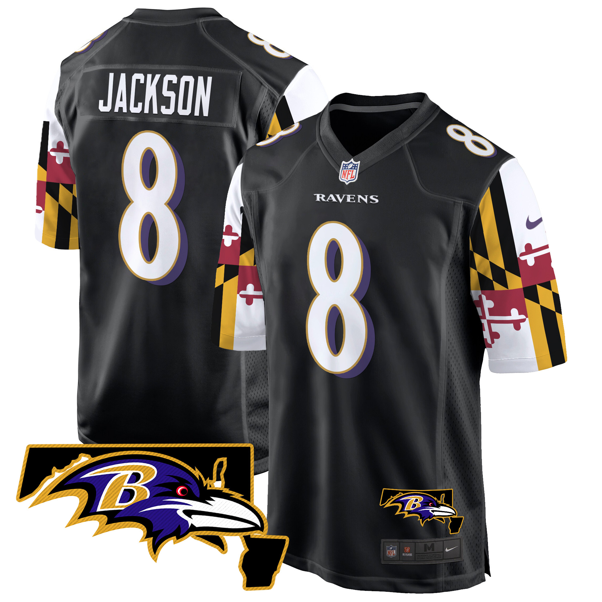 Lamar Jackson Men's Baltimore Ravens Maryland Flag Game Black Jersey - All Stitched