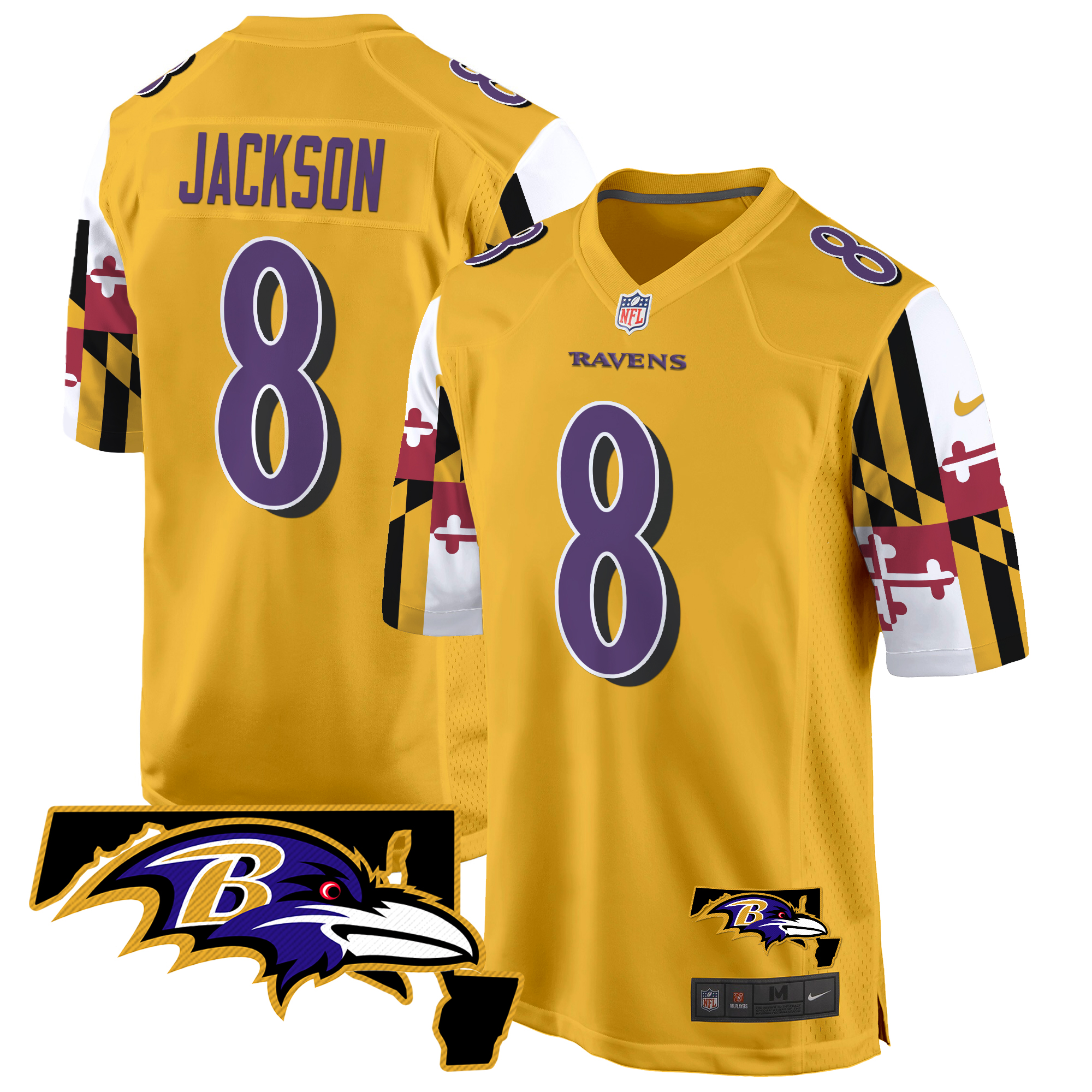 Lamar Jackson Men's Baltimore Ravens Maryland Flag Game Gold Jersey - All Stitched