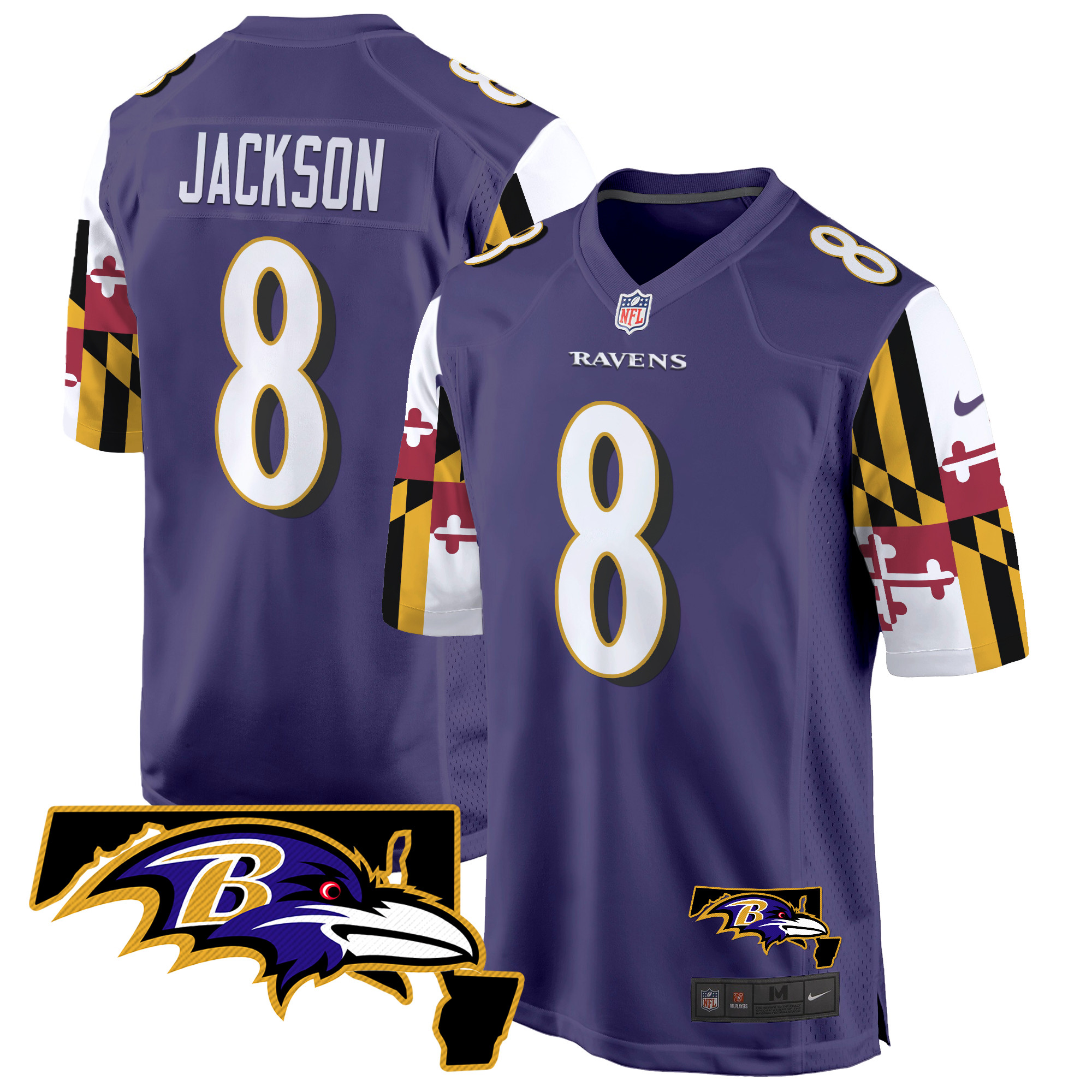 Lamar Jackson Men's Baltimore Ravens Maryland Flag Game Purple Jersey - All Stitched