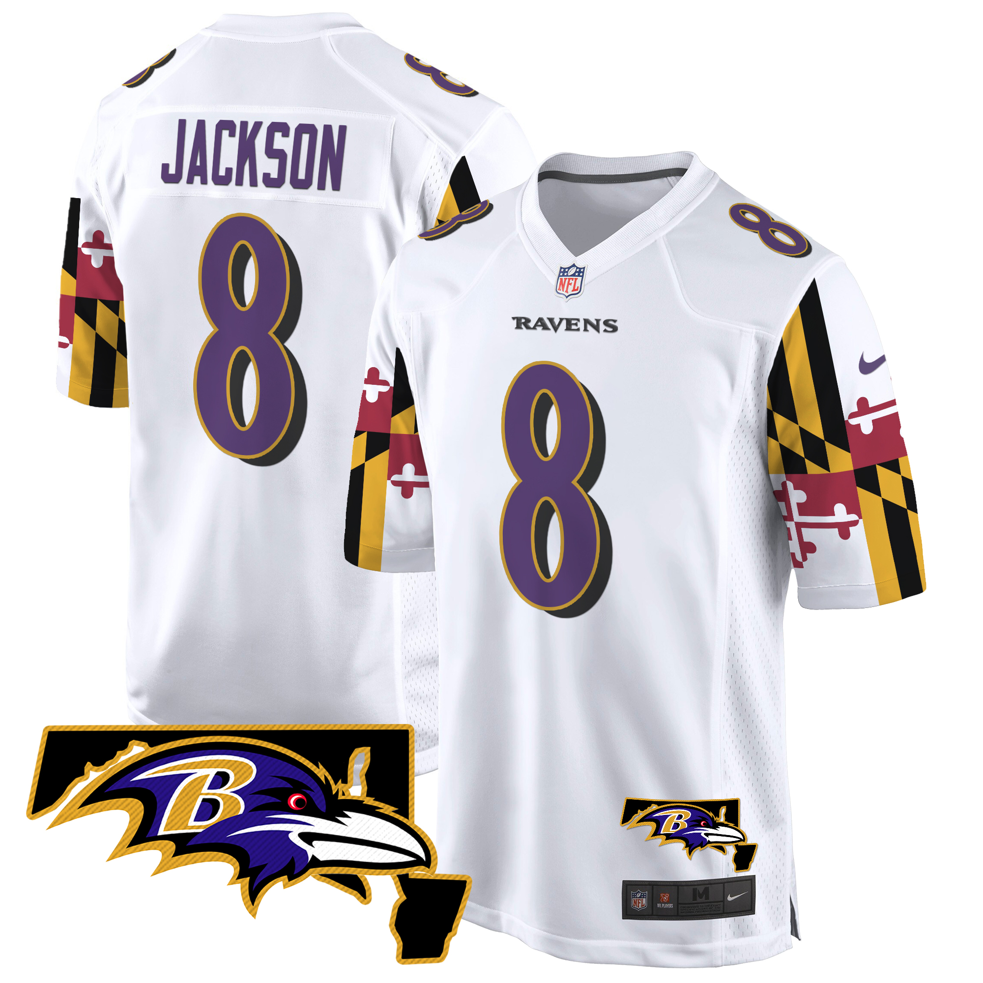 Lamar Jackson Men's Baltimore Ravens Maryland Flag Game White Jersey - All Stitched