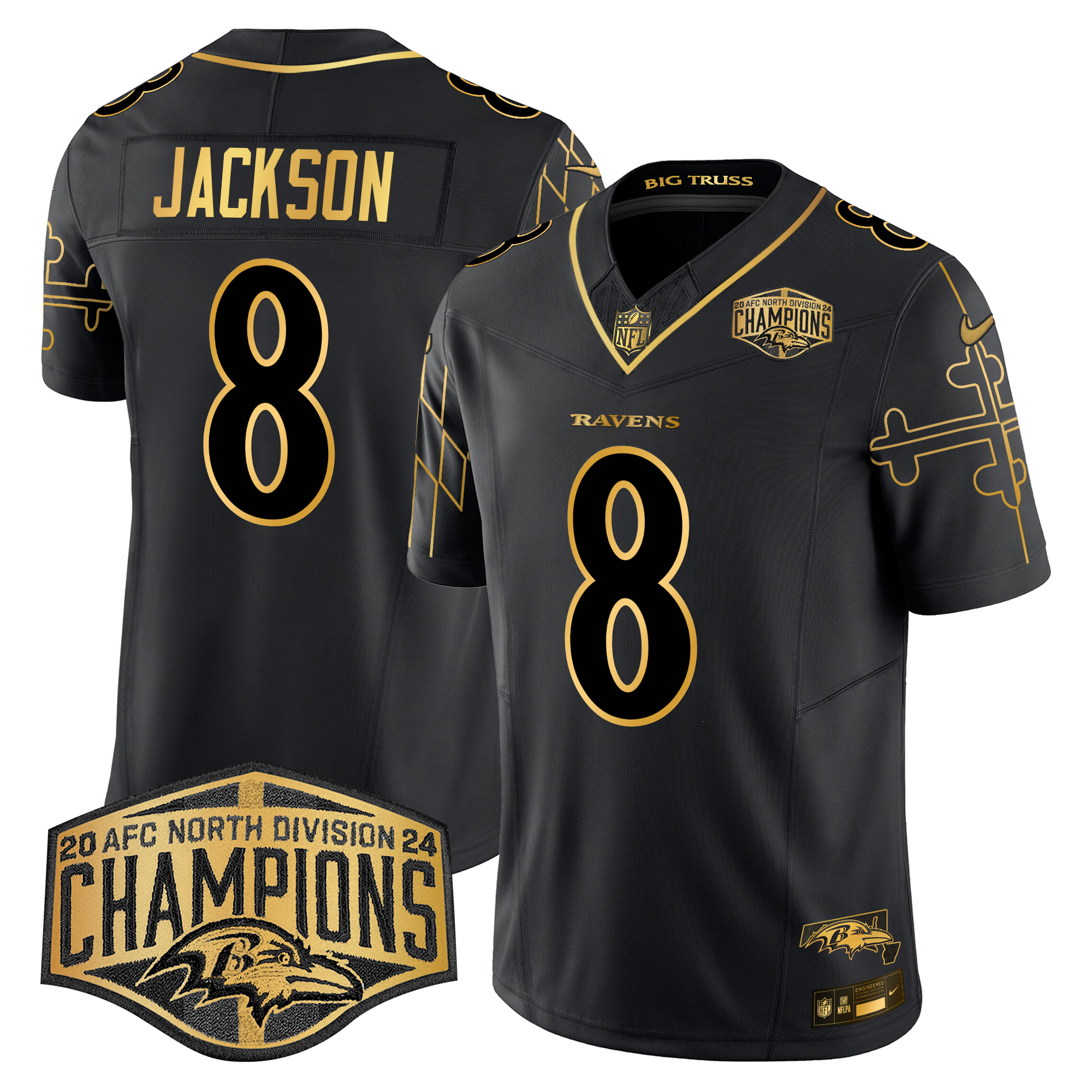 Lamar Jackson Men's Baltimore Ravens Maryland Flag Map 2024 AFC North Division Champions Patch Gold Vapor Limited Black Gold Jersey - All Stitched
