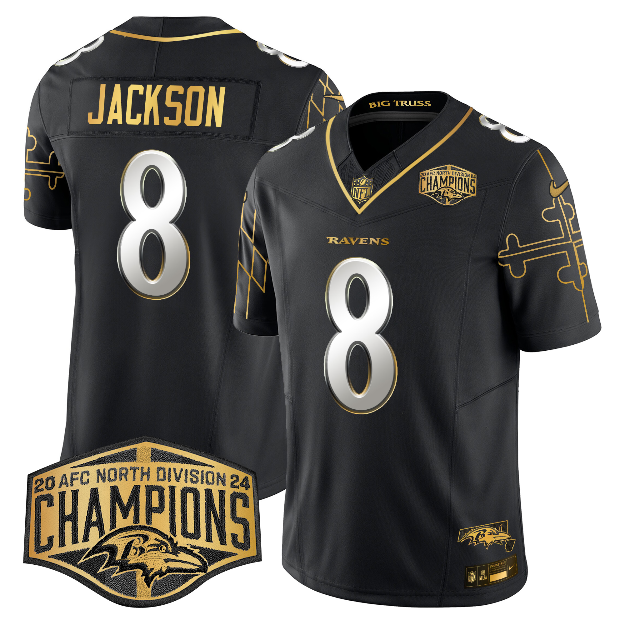 Lamar Jackson Men's Baltimore Ravens Maryland Flag Map 2024 AFC North Division Champions Patch Gold Vapor Limited Black Limited Jersey - All Stitched