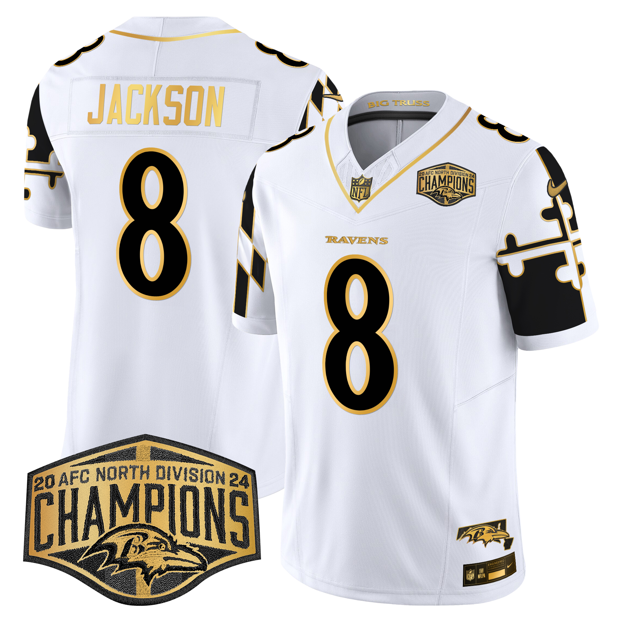 Lamar Jackson Men's Baltimore Ravens Maryland Flag Map 2024 AFC North Division Champions Patch Gold Vapor Limited White Gold Jersey - All Stitched