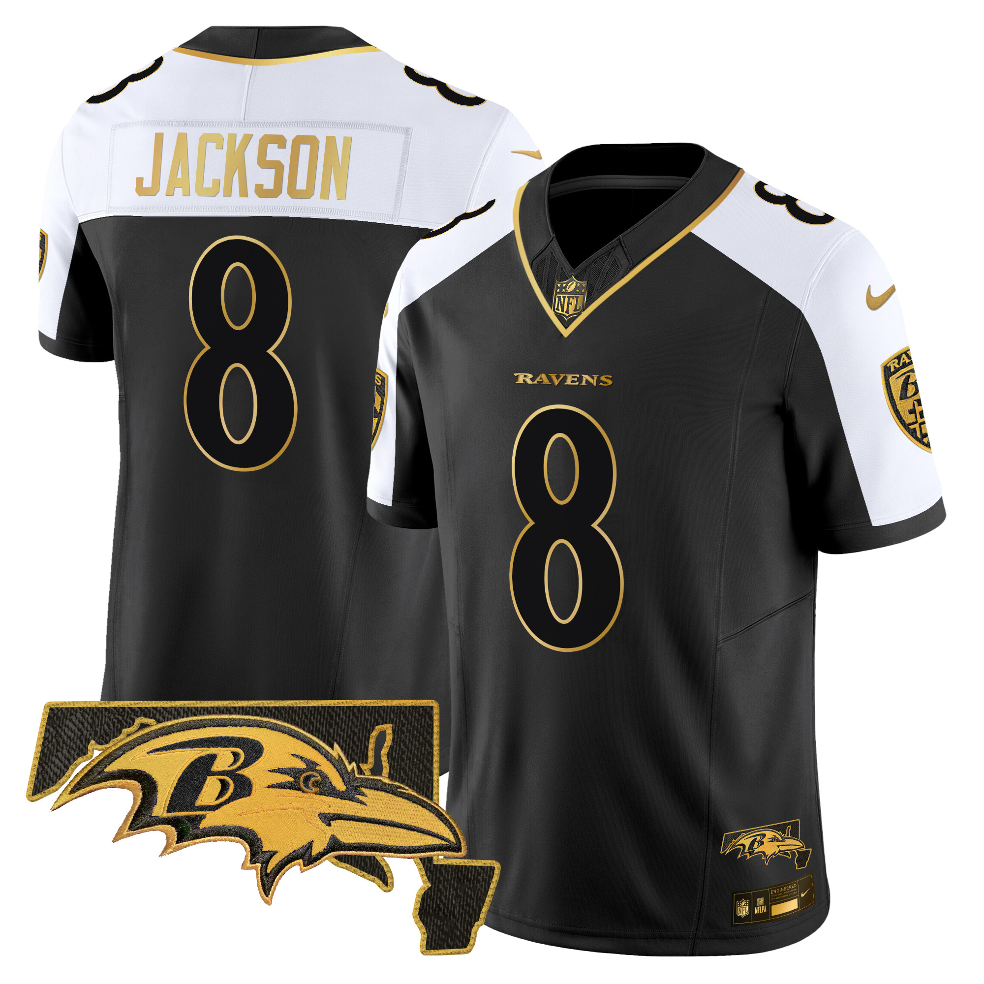 Lamar Jackson Men's Baltimore Ravens Maryland Flag Map Patch Gold Vapor Limited Alternate Jersey - All Stitched