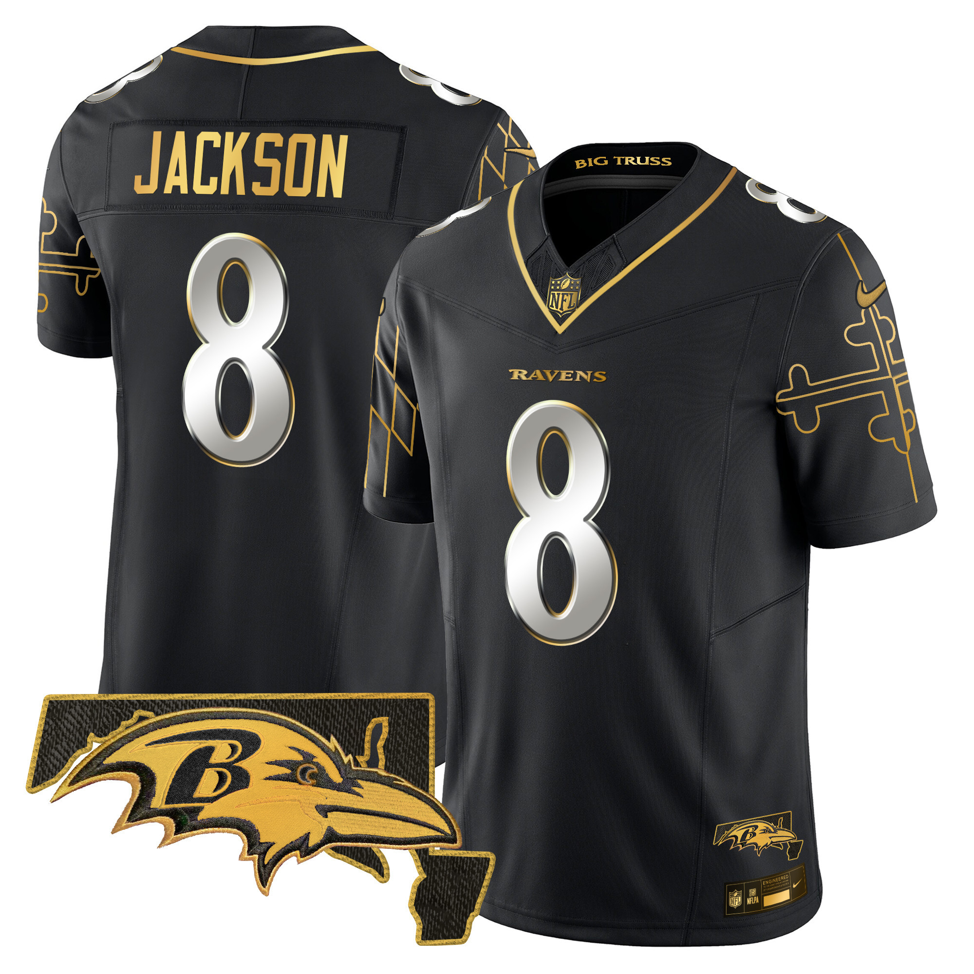 Lamar Jackson Men's Baltimore Ravens Maryland Flag Map Patch Gold Vapor Limited Black Limited Jersey - All Stitched