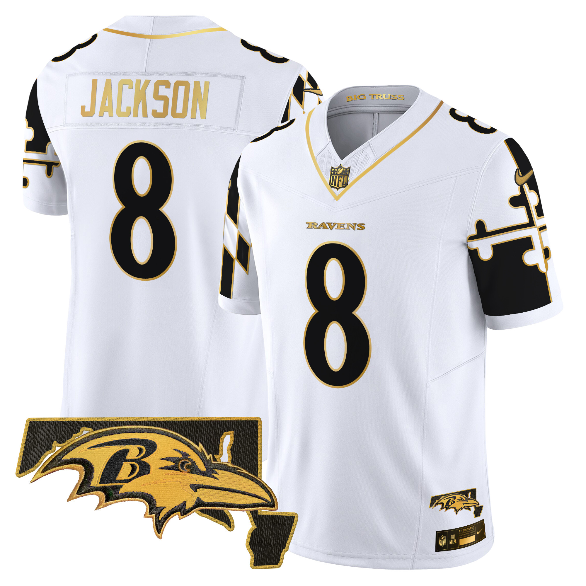 Lamar Jackson Men's Baltimore Ravens Maryland Flag Map Patch Gold Vapor Limited White Gold Jersey - All Stitched