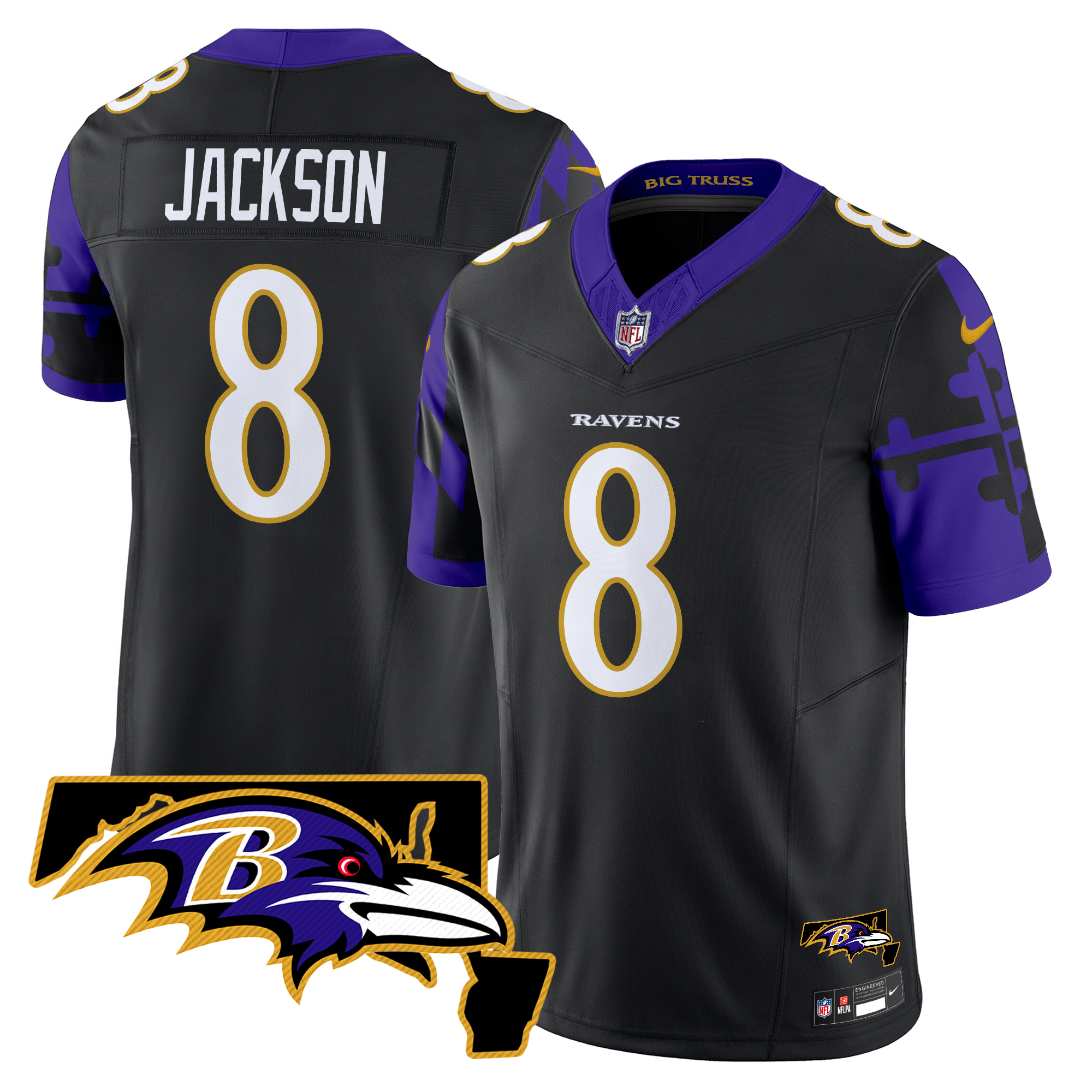 Lamar Jackson Men's Baltimore Ravens Maryland Flag Map Patch Vapor Limited Black Jersey - All Stitched