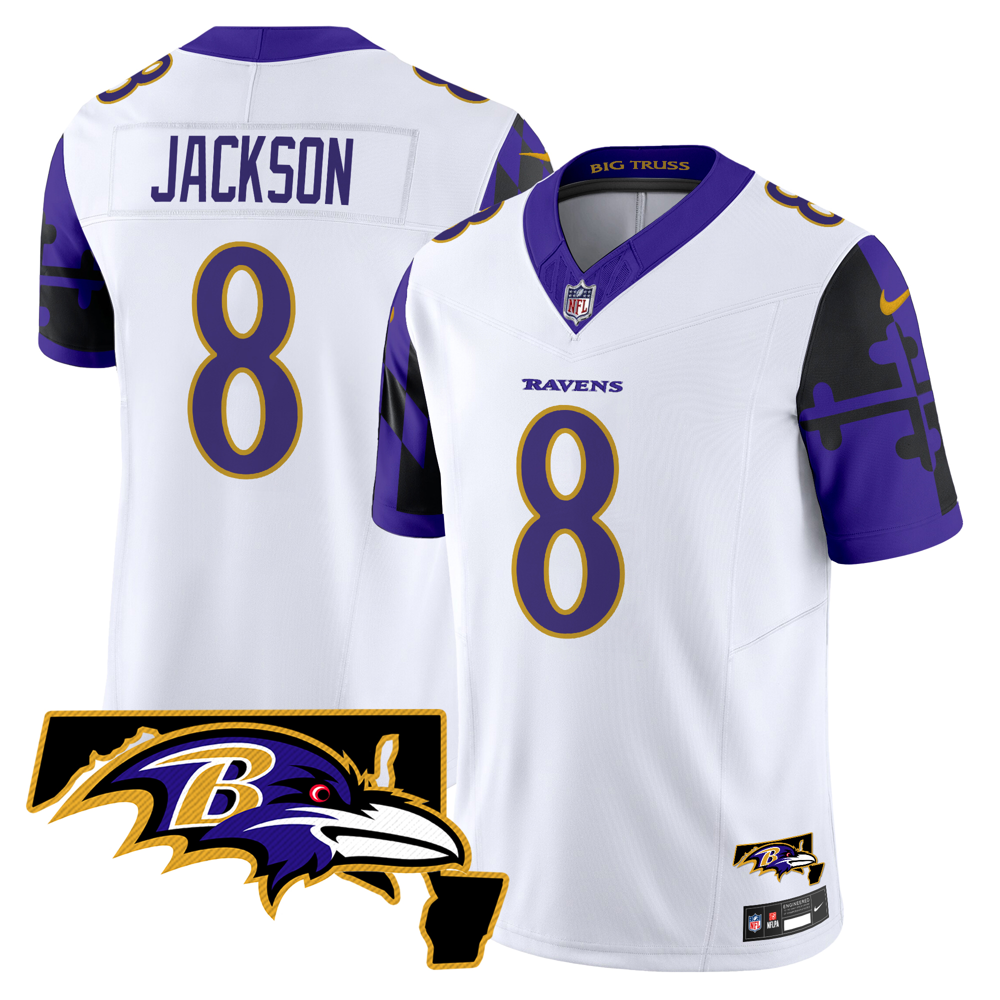 Lamar Jackson Men's Baltimore Ravens Maryland Flag Map Patch Vapor Limited White Jersey - All Stitched