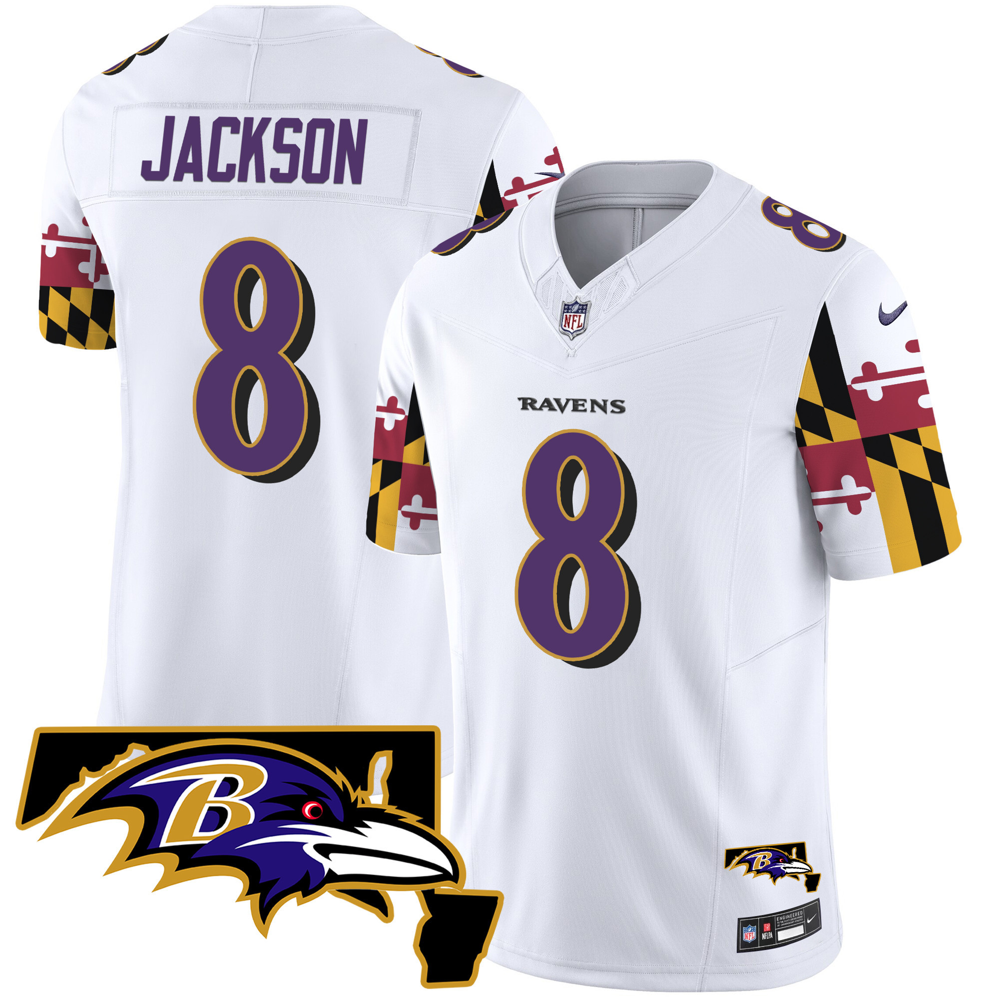 Lamar Jackson Men's Baltimore Ravens Maryland Flag Vapor Limited White Jersey - All Stitched