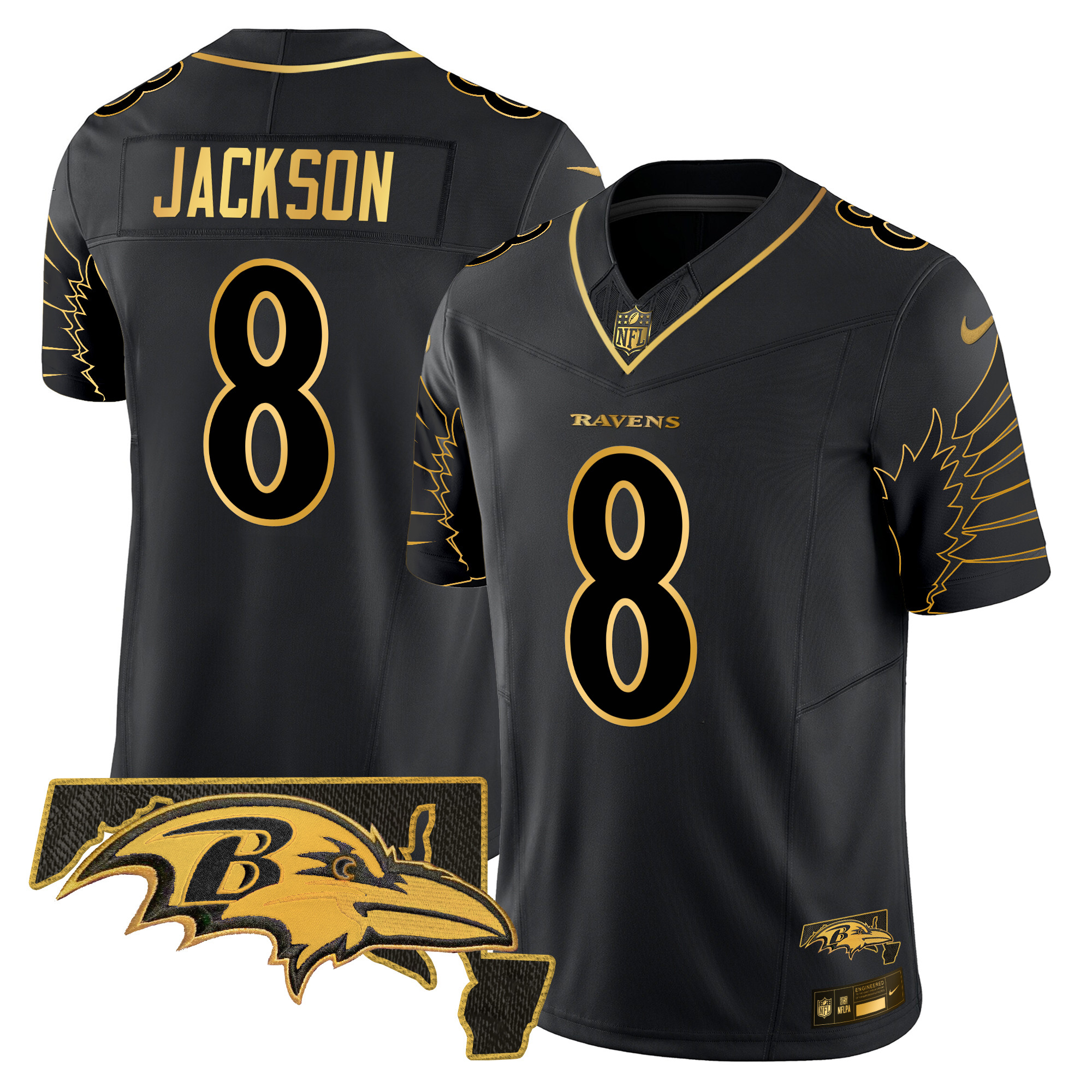 Lamar Jackson Men's Baltimore Ravens Maryland Patch Gold Vapor Limited Black Gold Jersey - All Stitched