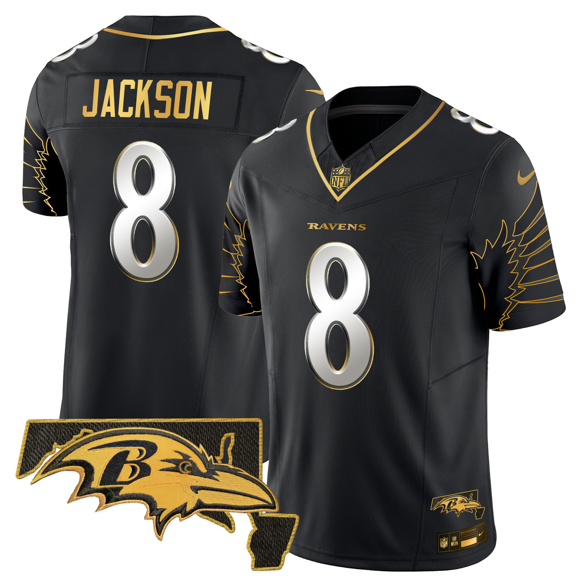 Lamar Jackson Men's Baltimore Ravens Maryland Patch Gold Vapor Limited Black Limited Jersey - All Stitched